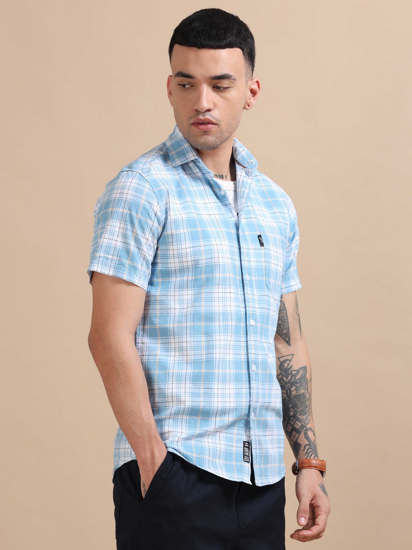 Savador Bluish Linen Slub Checks Shirt