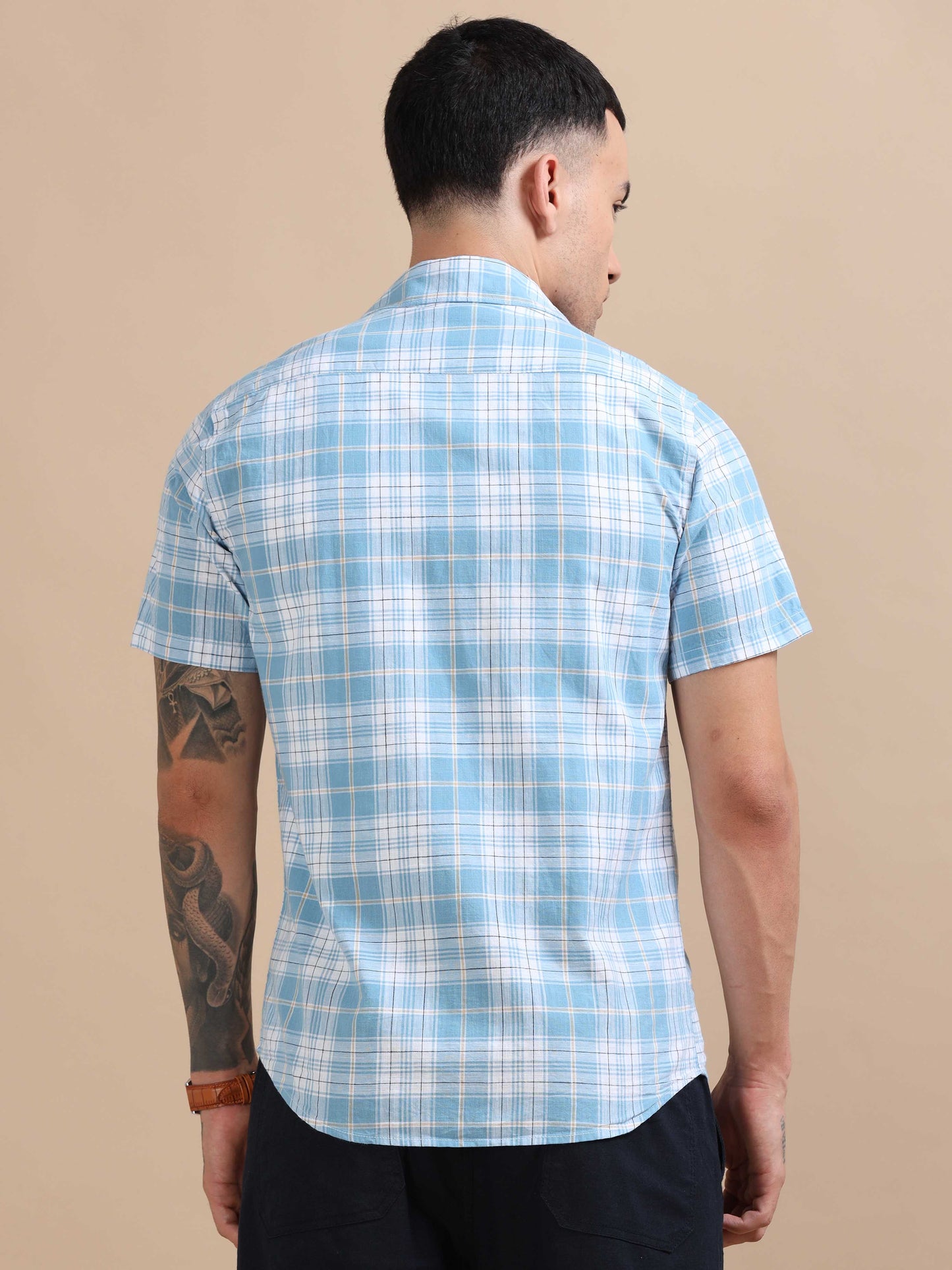 Savador Bluish Linen Slub Checks Shirt