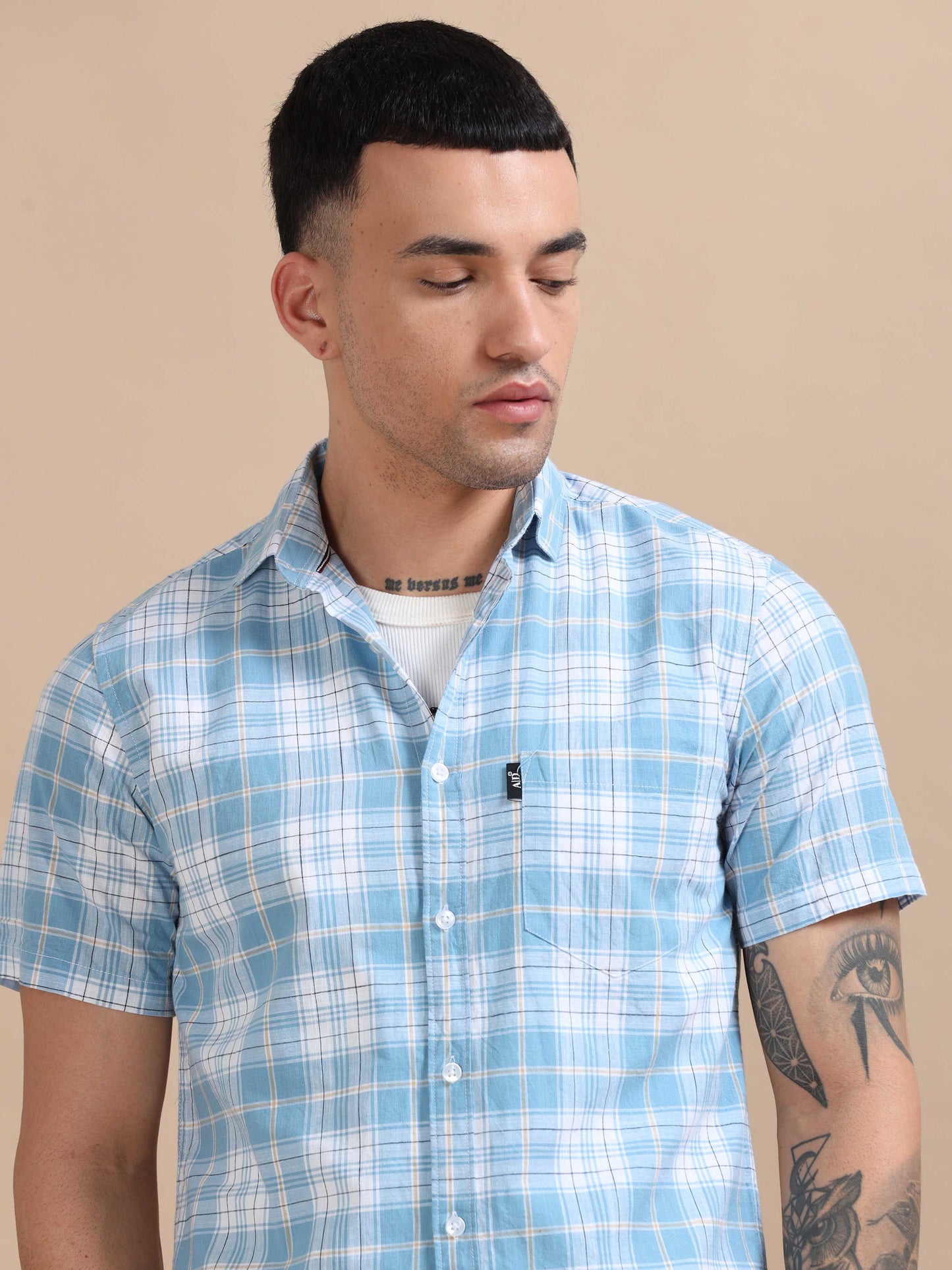 Savador Bluish Linen Slub Checks Shirt