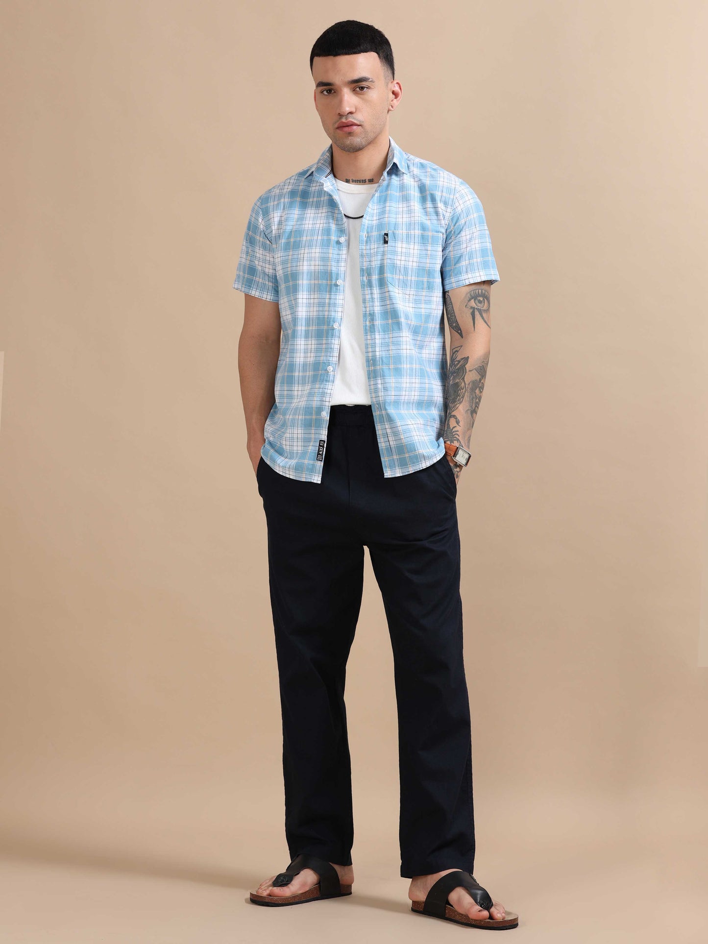 Savador Bluish Linen Slub Checks Shirt