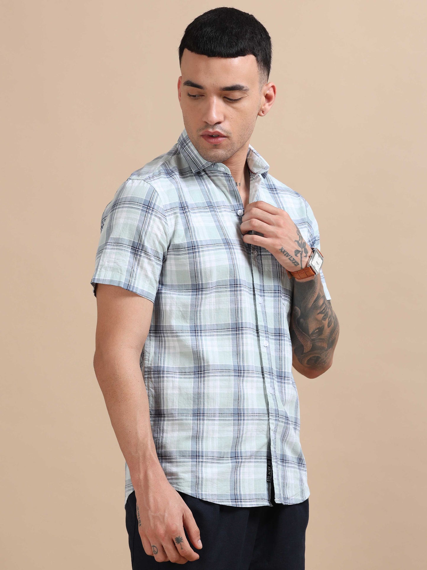 Savador Grey Suit Linen Slub Checks Shirt