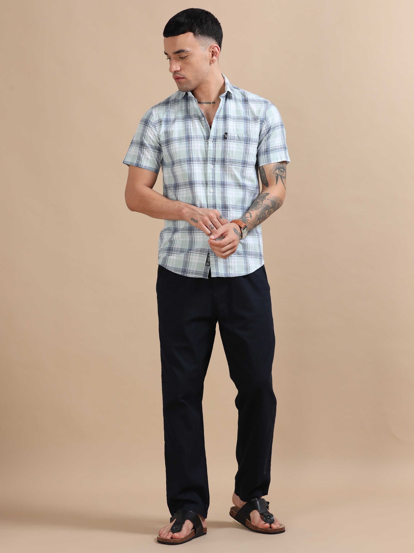 Savador Grey Suit Linen Slub Checks Shirt