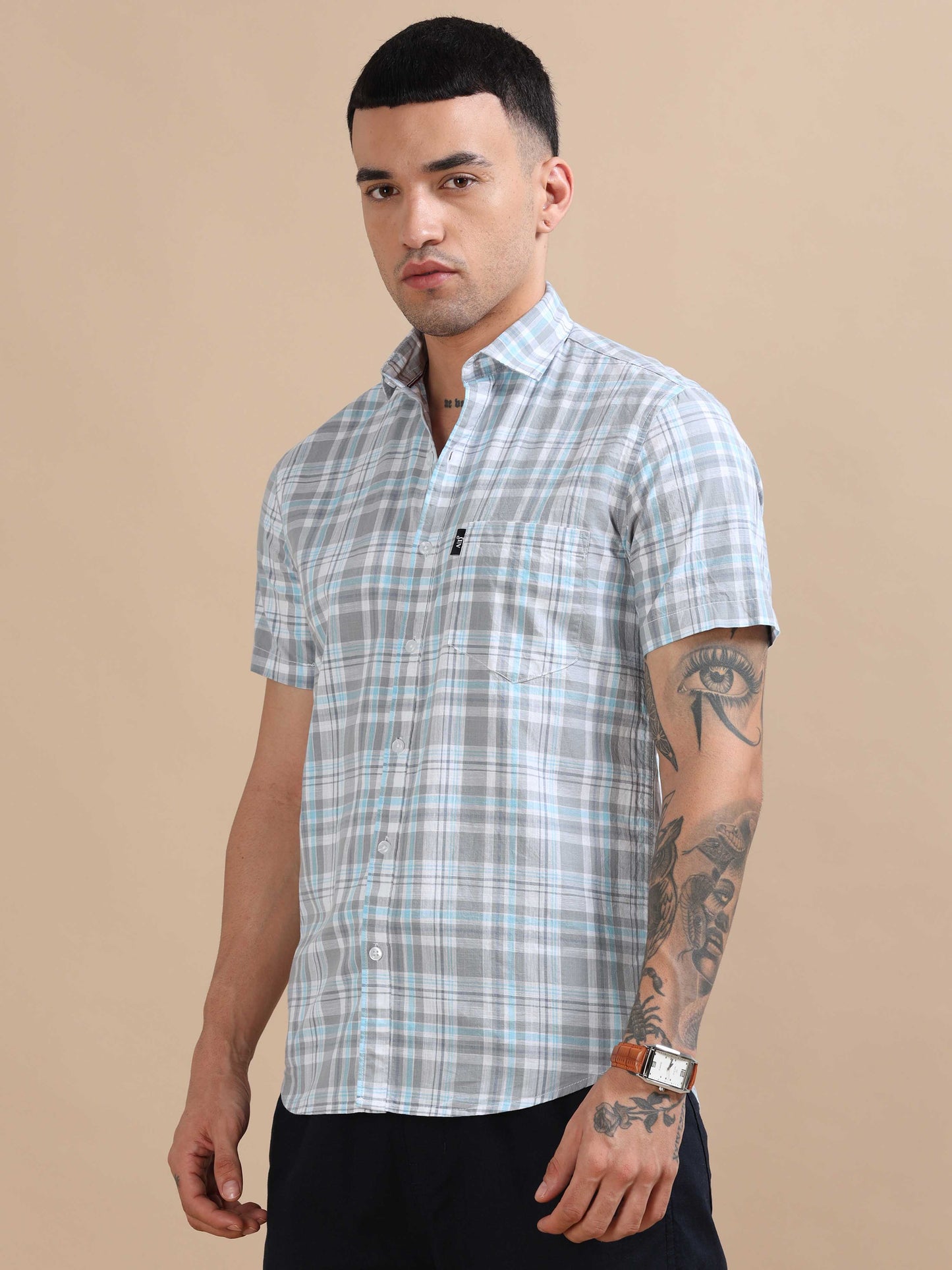 Savador Hit Grey Linen Slub Checks Shirt