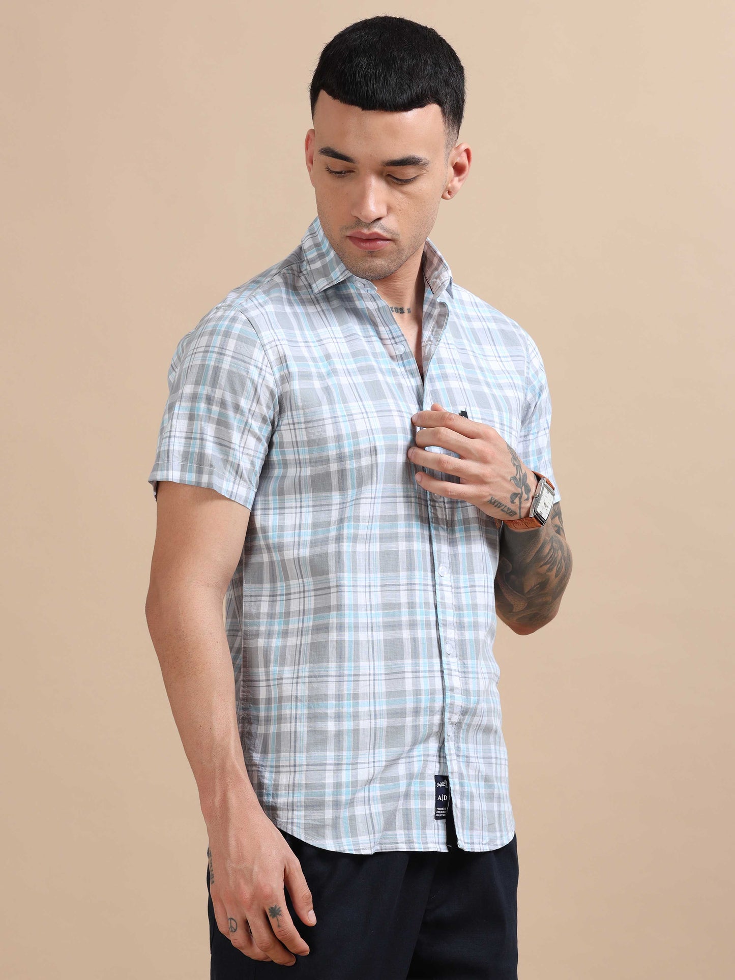 Savador Hit Grey Linen Slub Checks Shirt