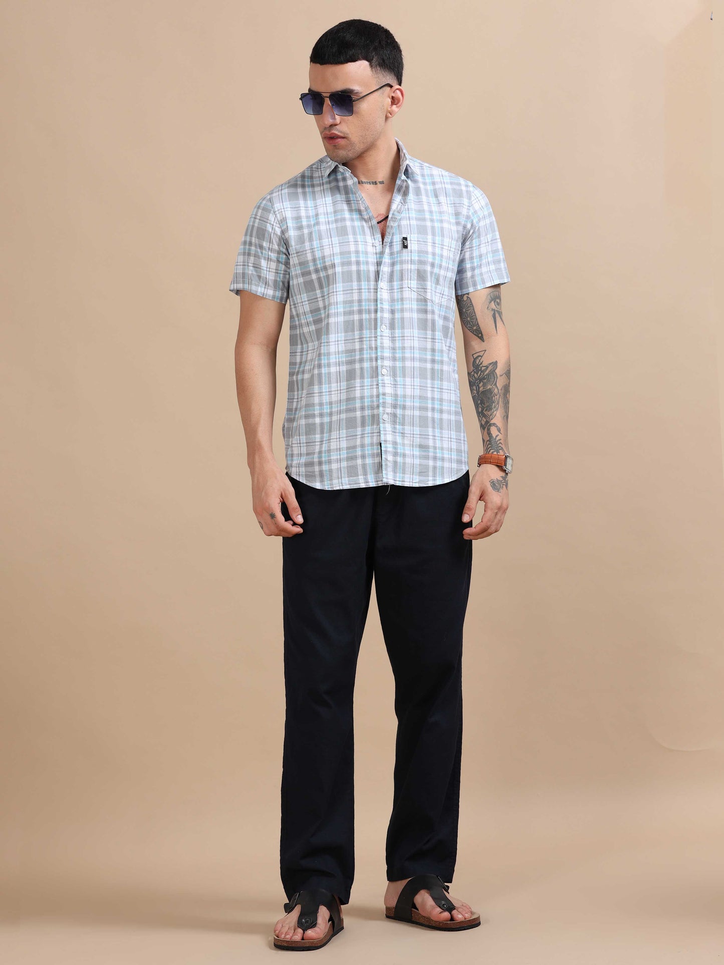 Savador Hit Grey Linen Slub Checks Shirt