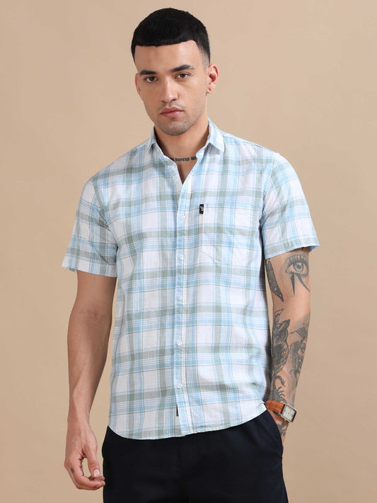 Savador Light Blue Grey Linen Slub Checks Shirt