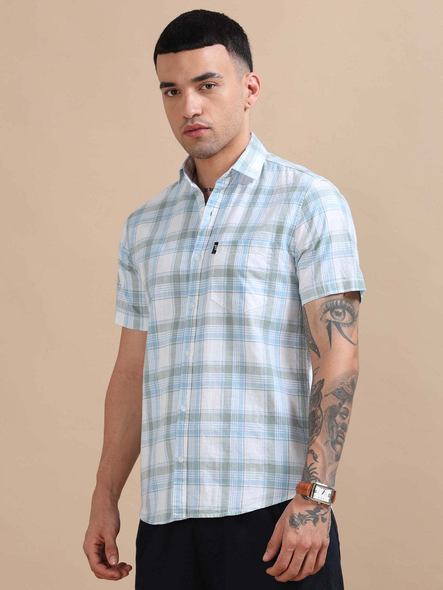 Savador Light Blue Grey Linen Slub Checks Shirt