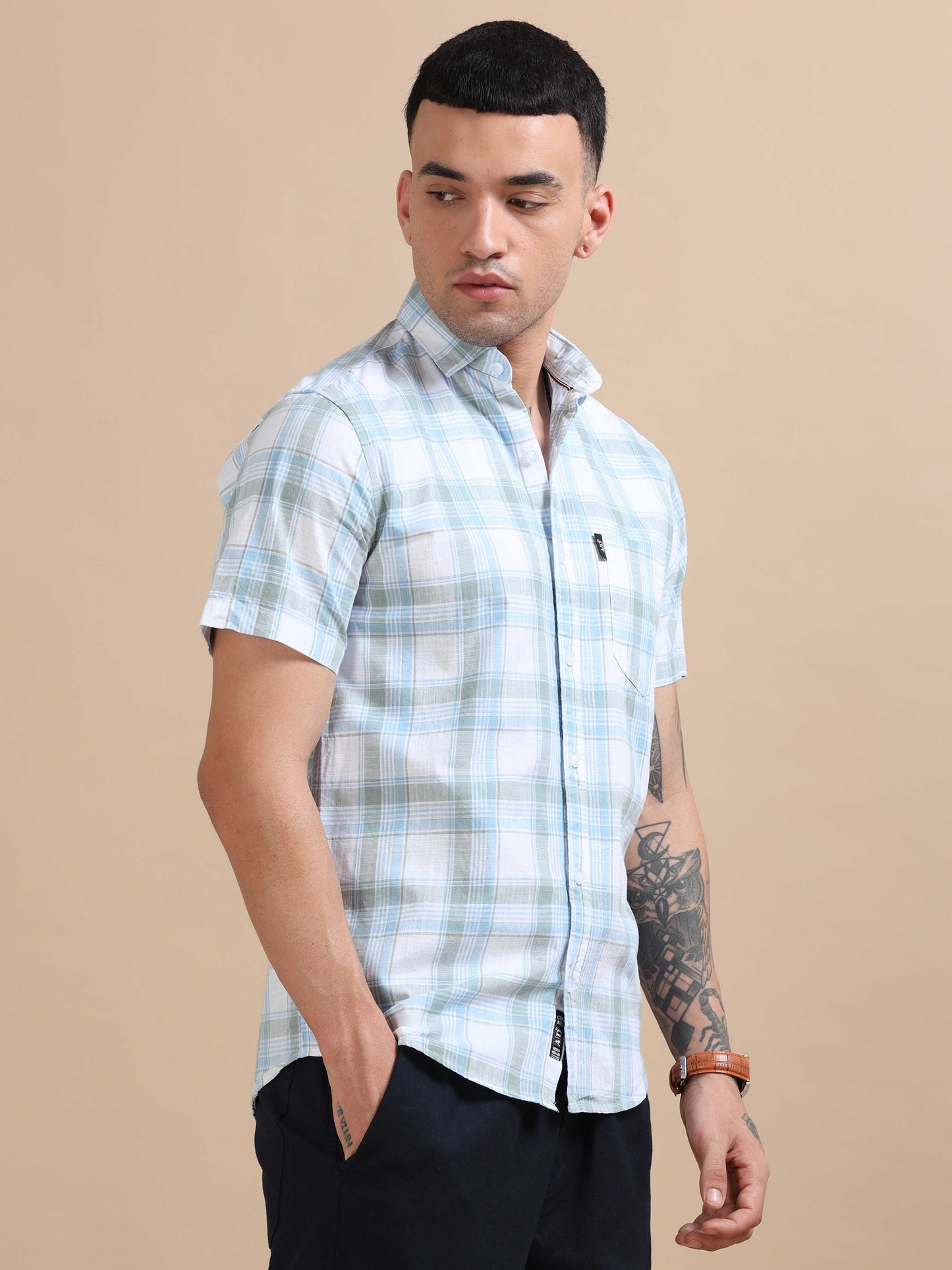 Savador Light Blue Grey Linen Slub Checks Shirt