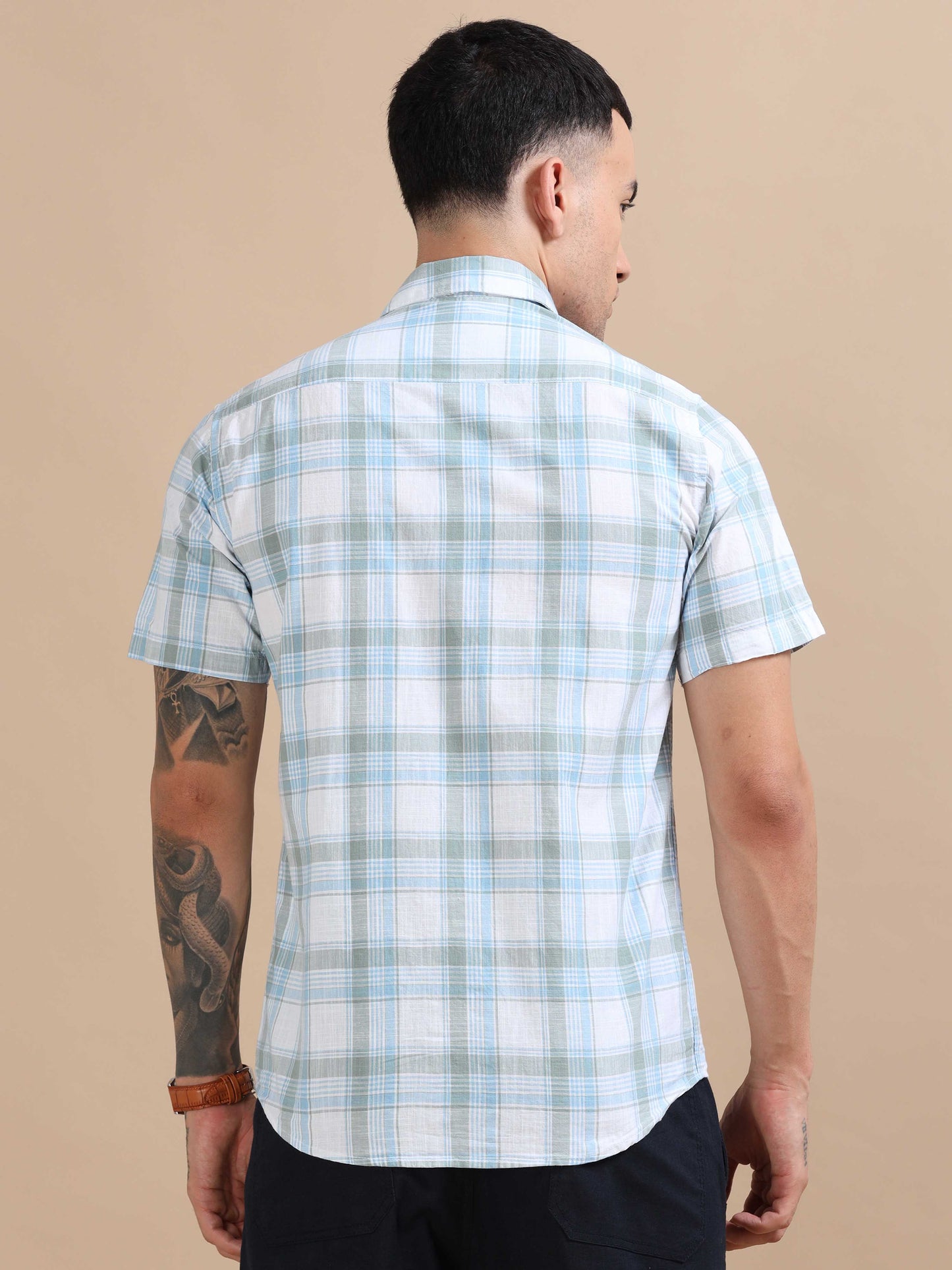 Savador Light Blue Grey Linen Slub Checks Shirt