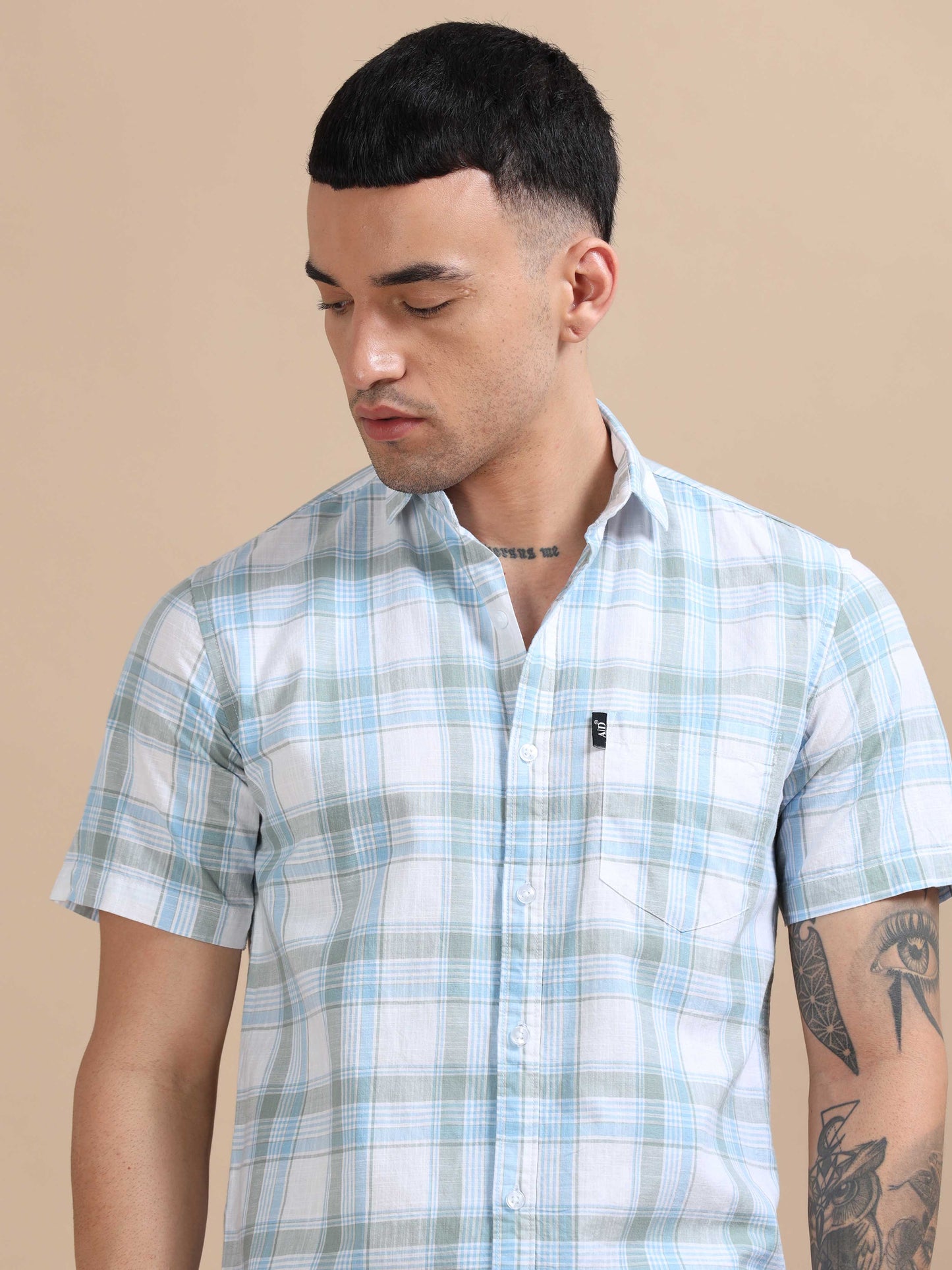 Savador Light Blue Grey Linen Slub Checks Shirt