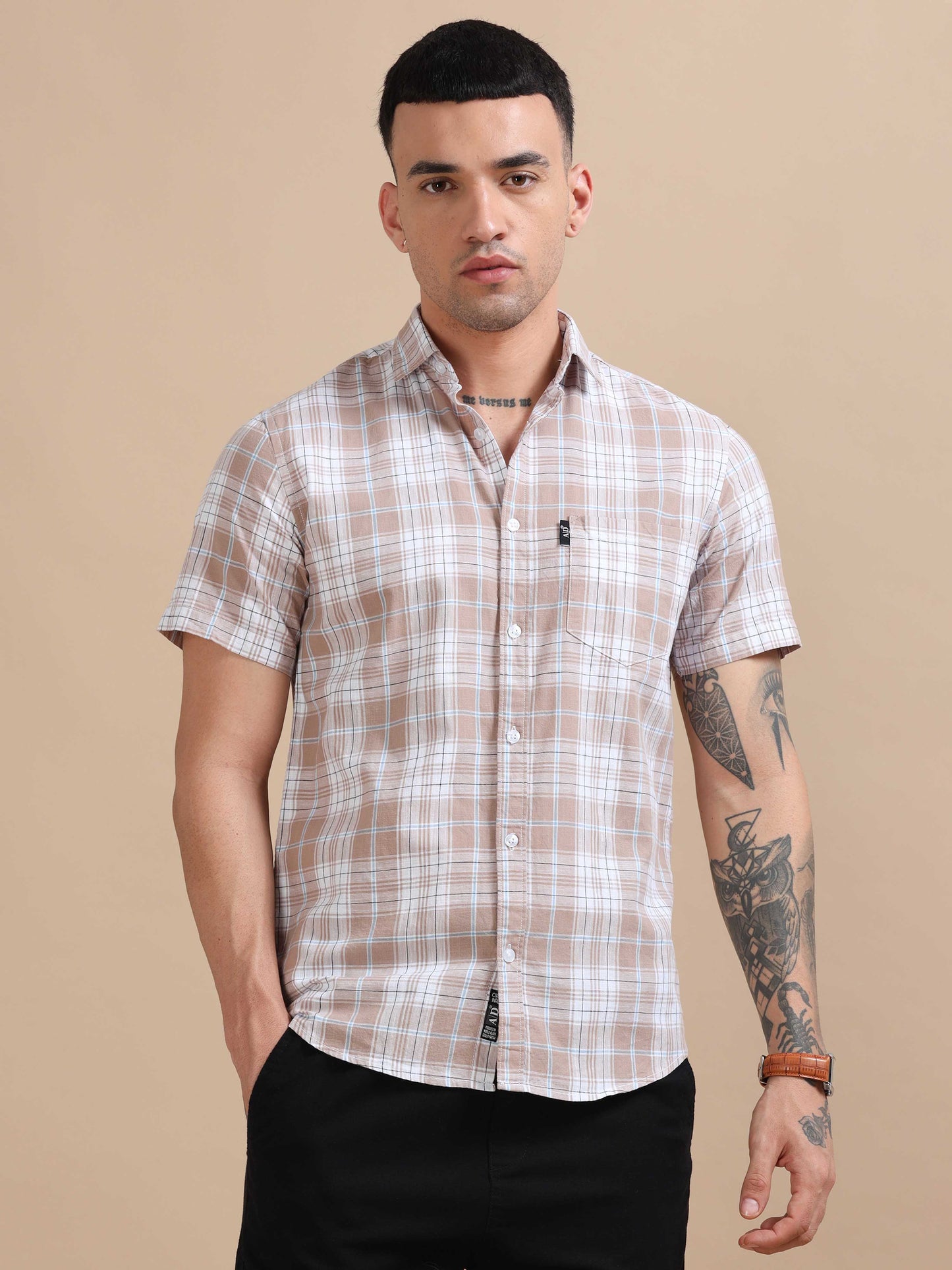 Savador Light Brown Linen Slub Checks Shirt