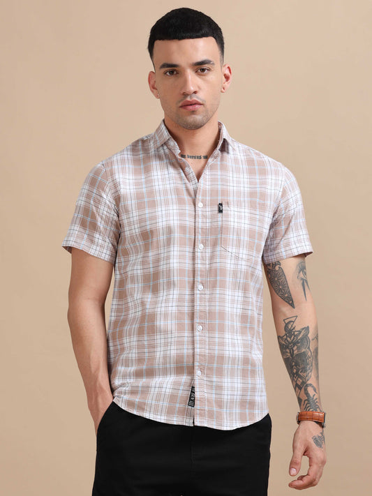 Savador Light Brown Linen Slub Checks Shirt