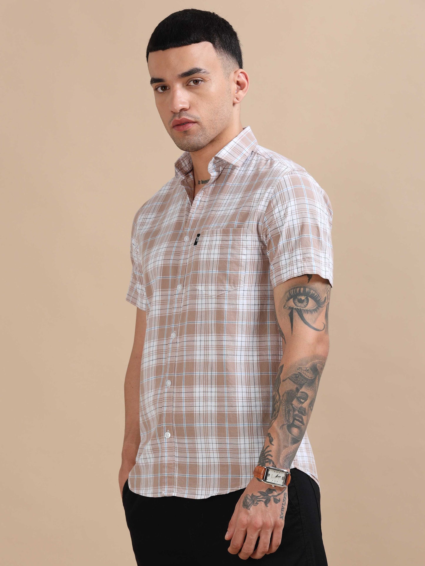 Savador Light Brown Linen Slub Checks Shirt