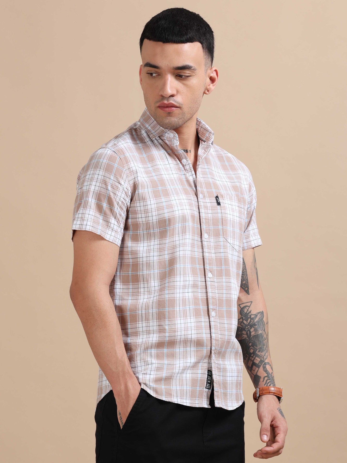 Savador Light Brown Linen Slub Checks Shirt