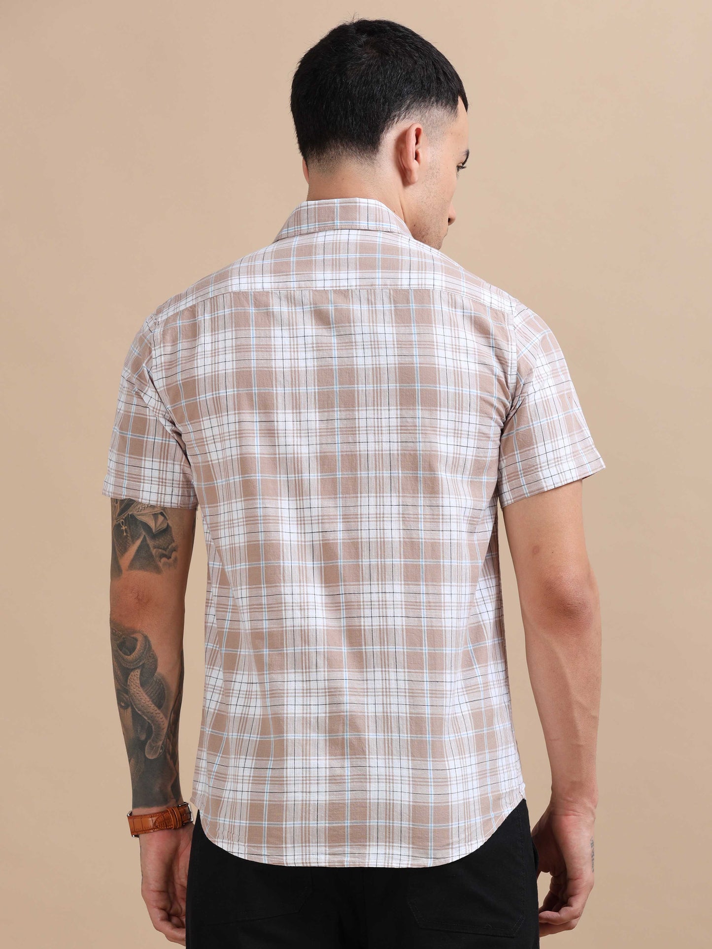 Savador Light Brown Linen Slub Checks Shirt