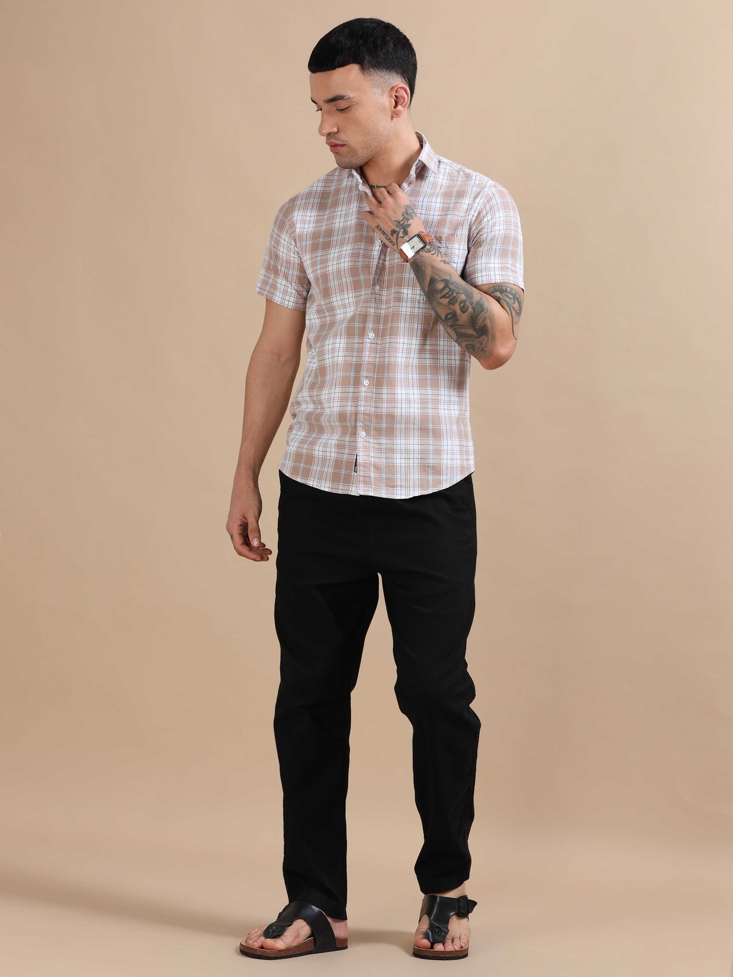 Savador Light Brown Linen Slub Checks Shirt