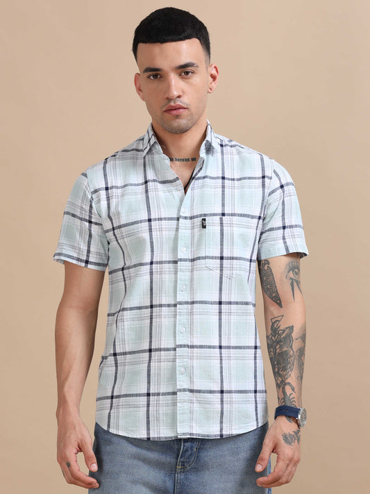 Savador Cool Blue Linen Slub Checks Shirt