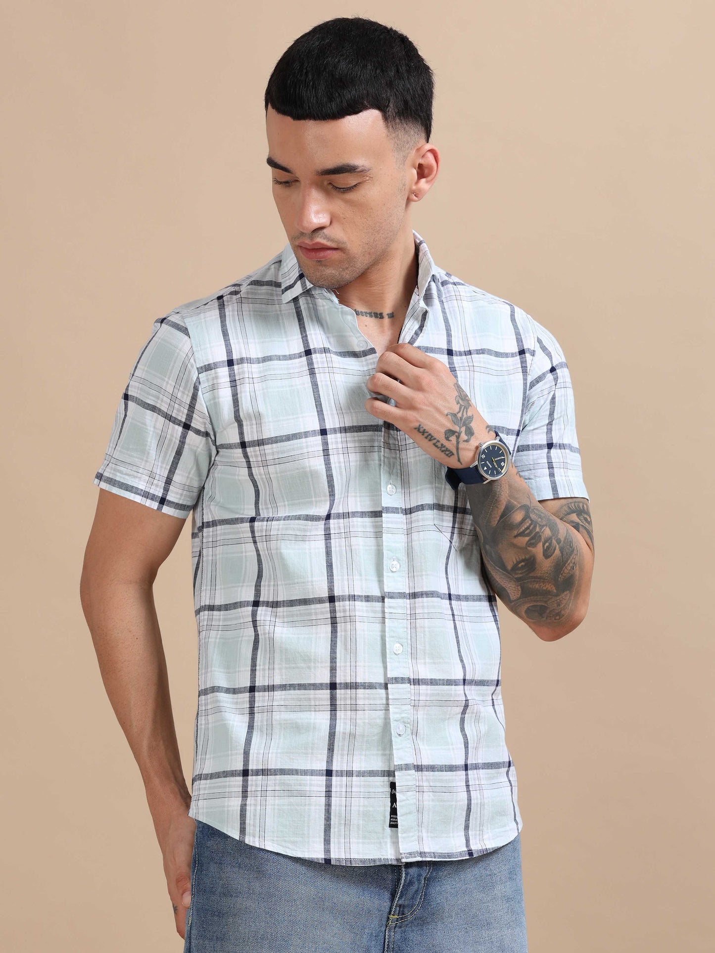 Savador Cool Blue Linen Slub Checks Shirt