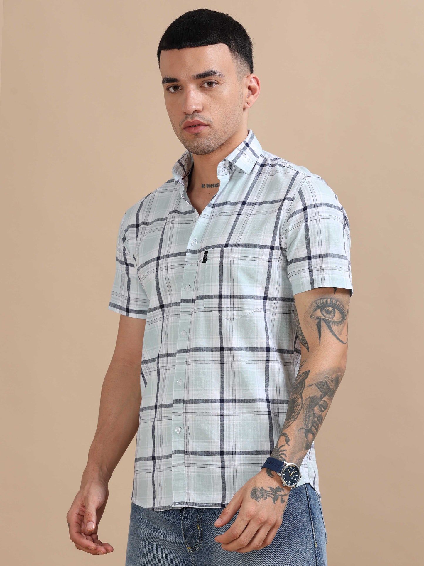 Savador Cool Blue Linen Slub Checks Shirt