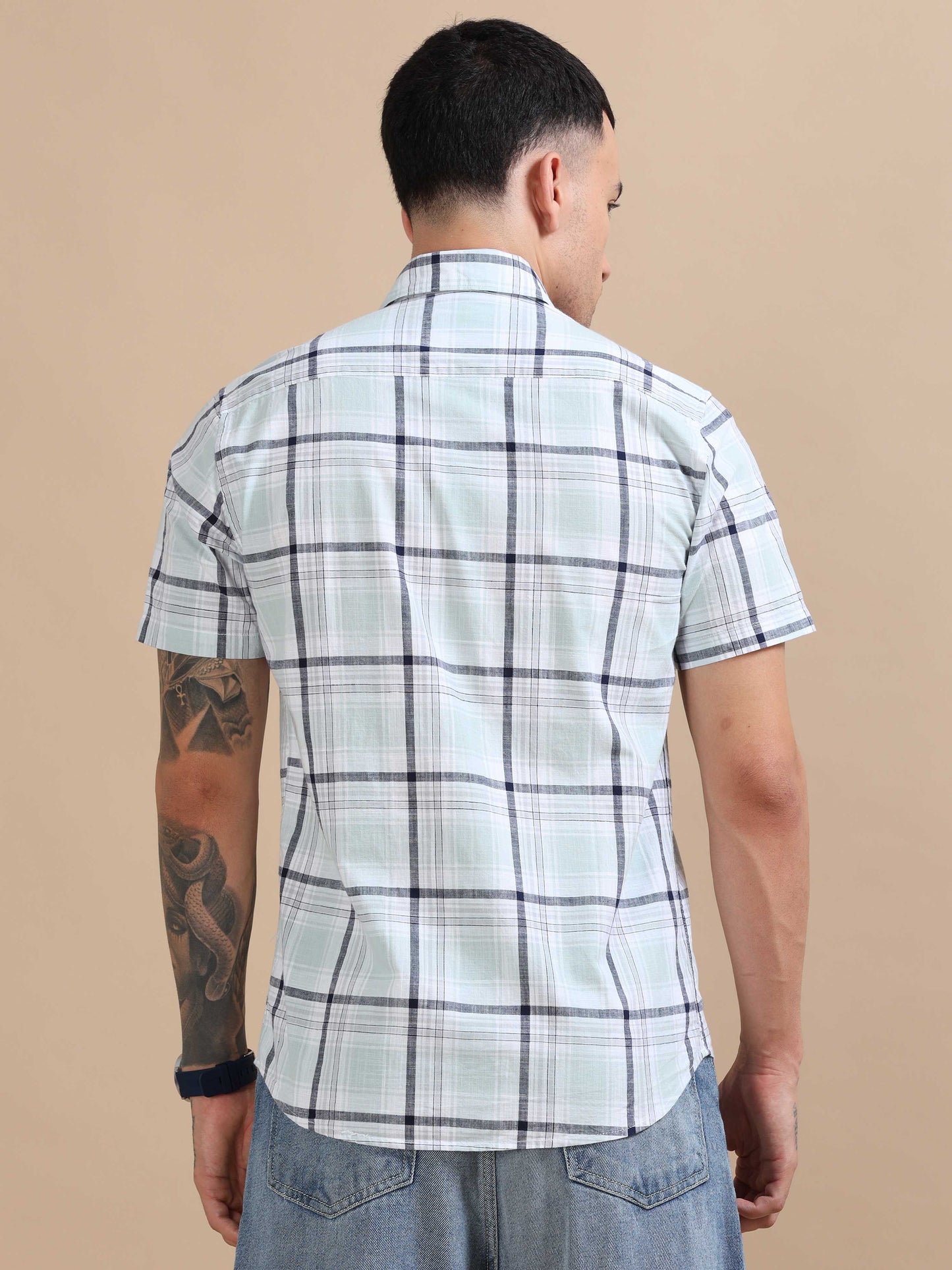 Savador Cool Blue Linen Slub Checks Shirt