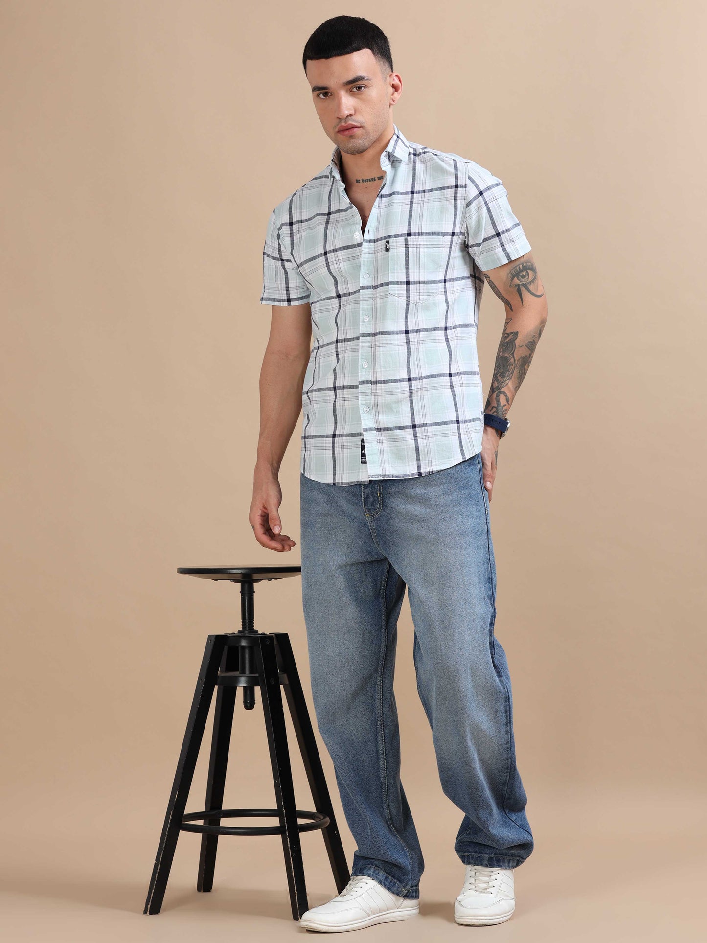 Savador Cool Blue Linen Slub Checks Shirt