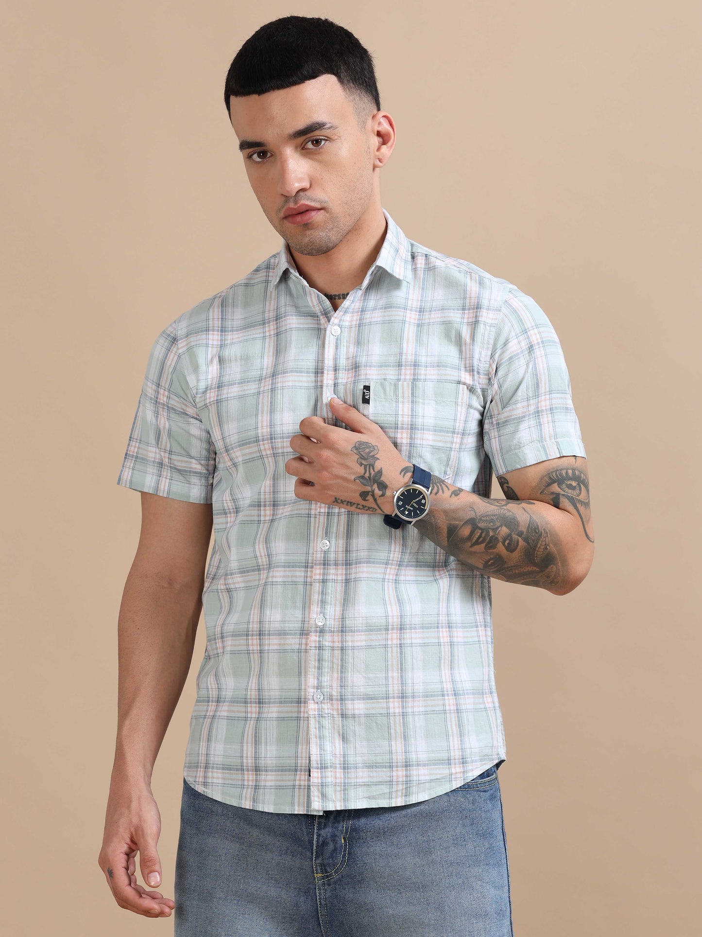 Savador Light Blue Linen Slub Checks Shirt