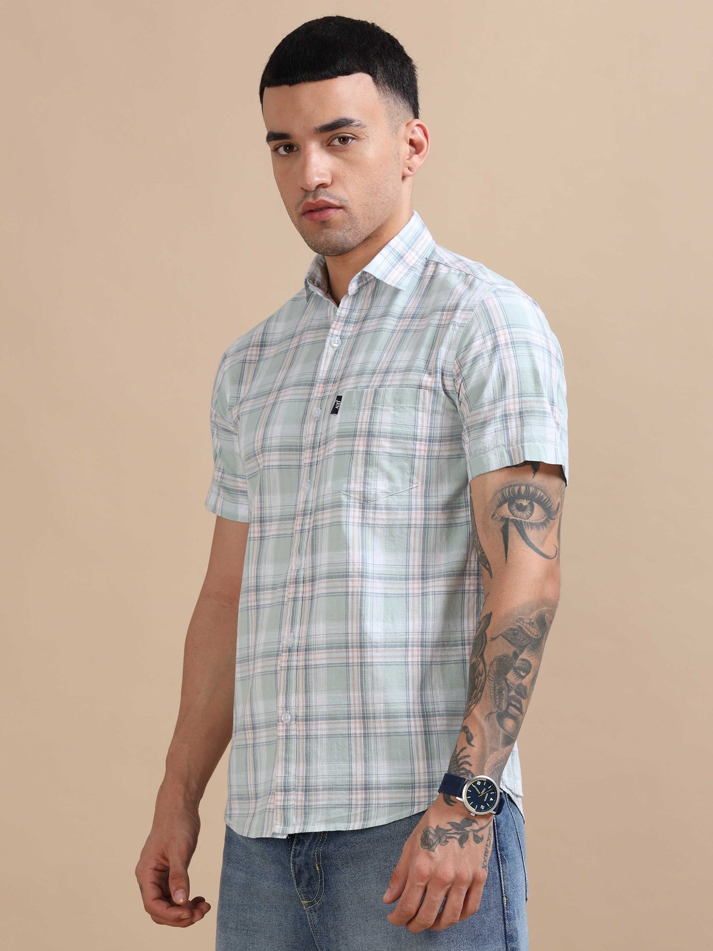 Savador Light Blue Linen Slub Checks Shirt