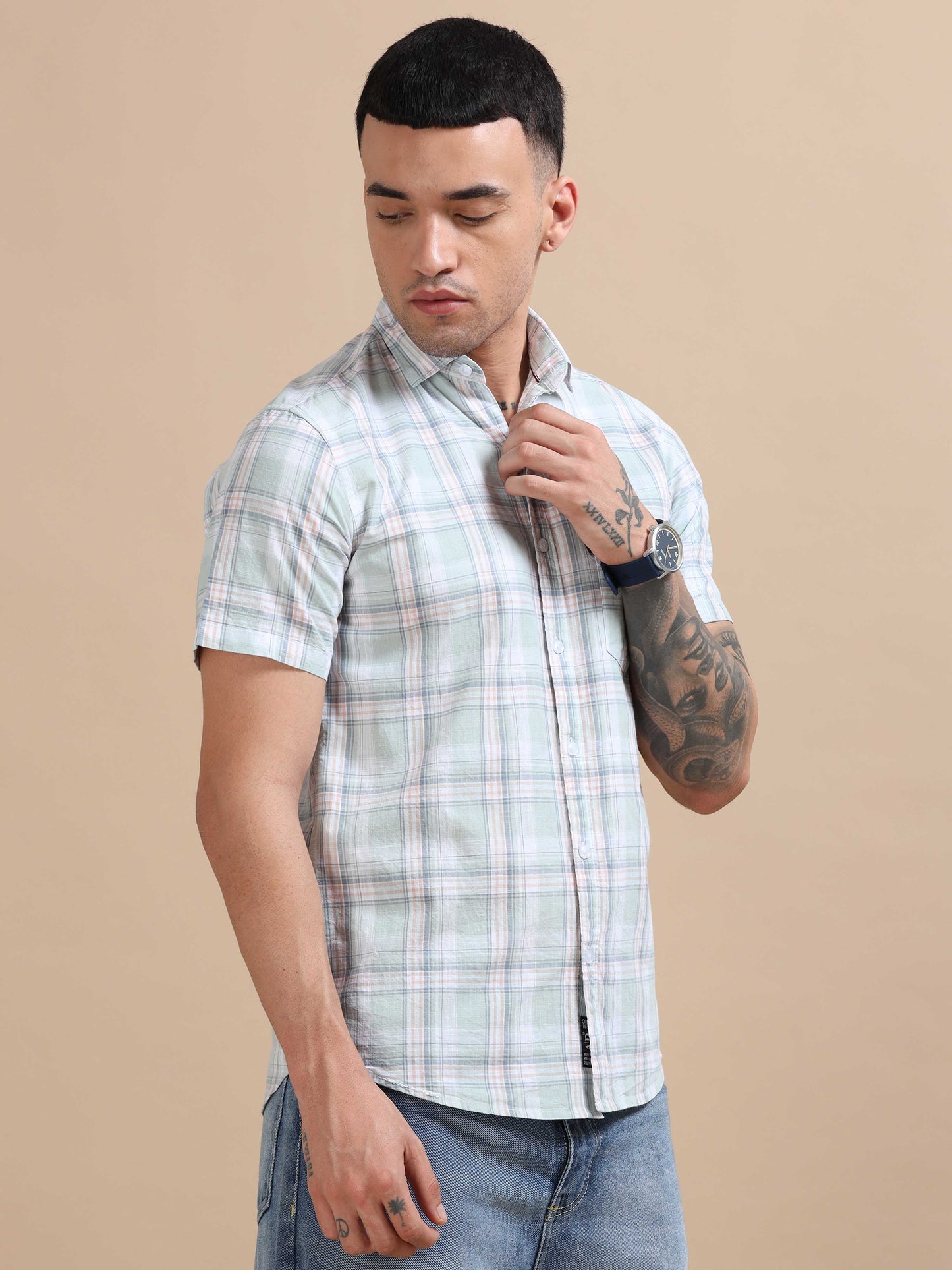 Savador Light Blue Linen Slub Checks Shirt