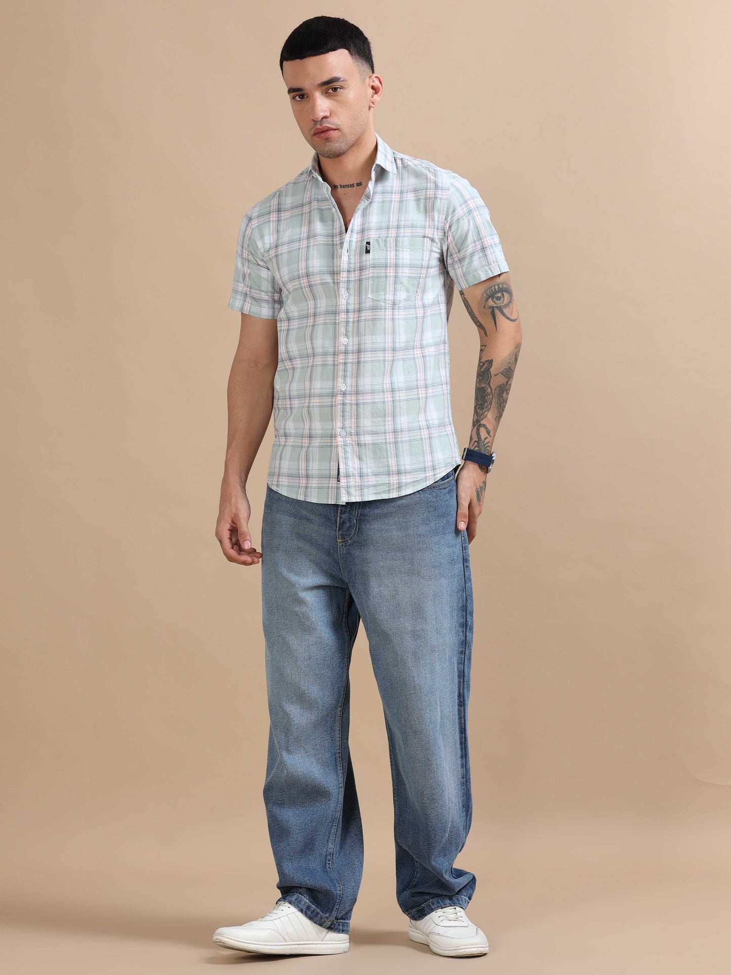 Savador Light Blue Linen Slub Checks Shirt