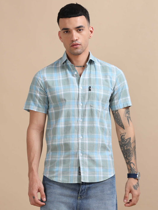 Savador Tropical Blue Linen Slub Checks Shirt