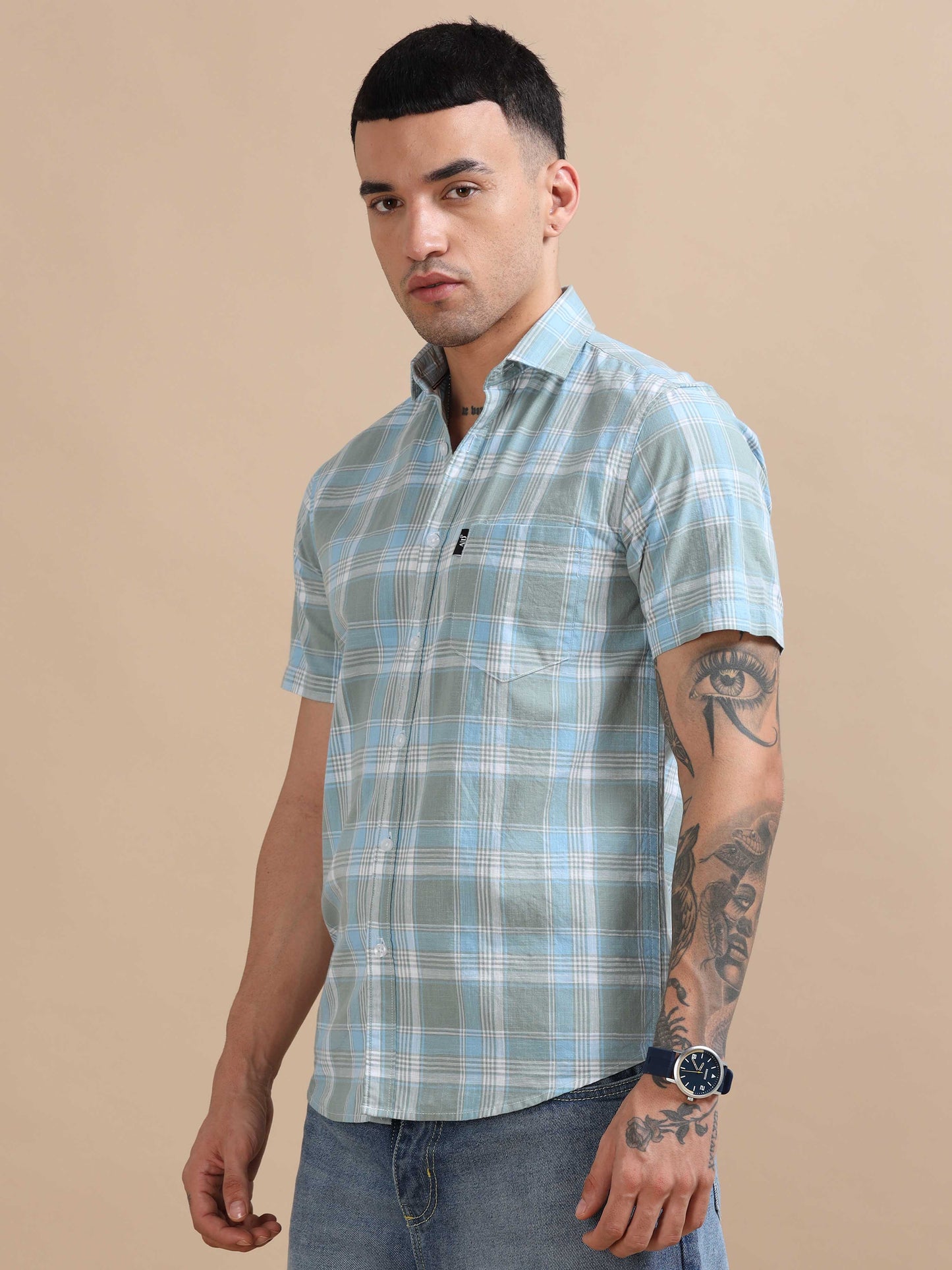 Savador Tropical Blue Linen Slub Checks Shirt