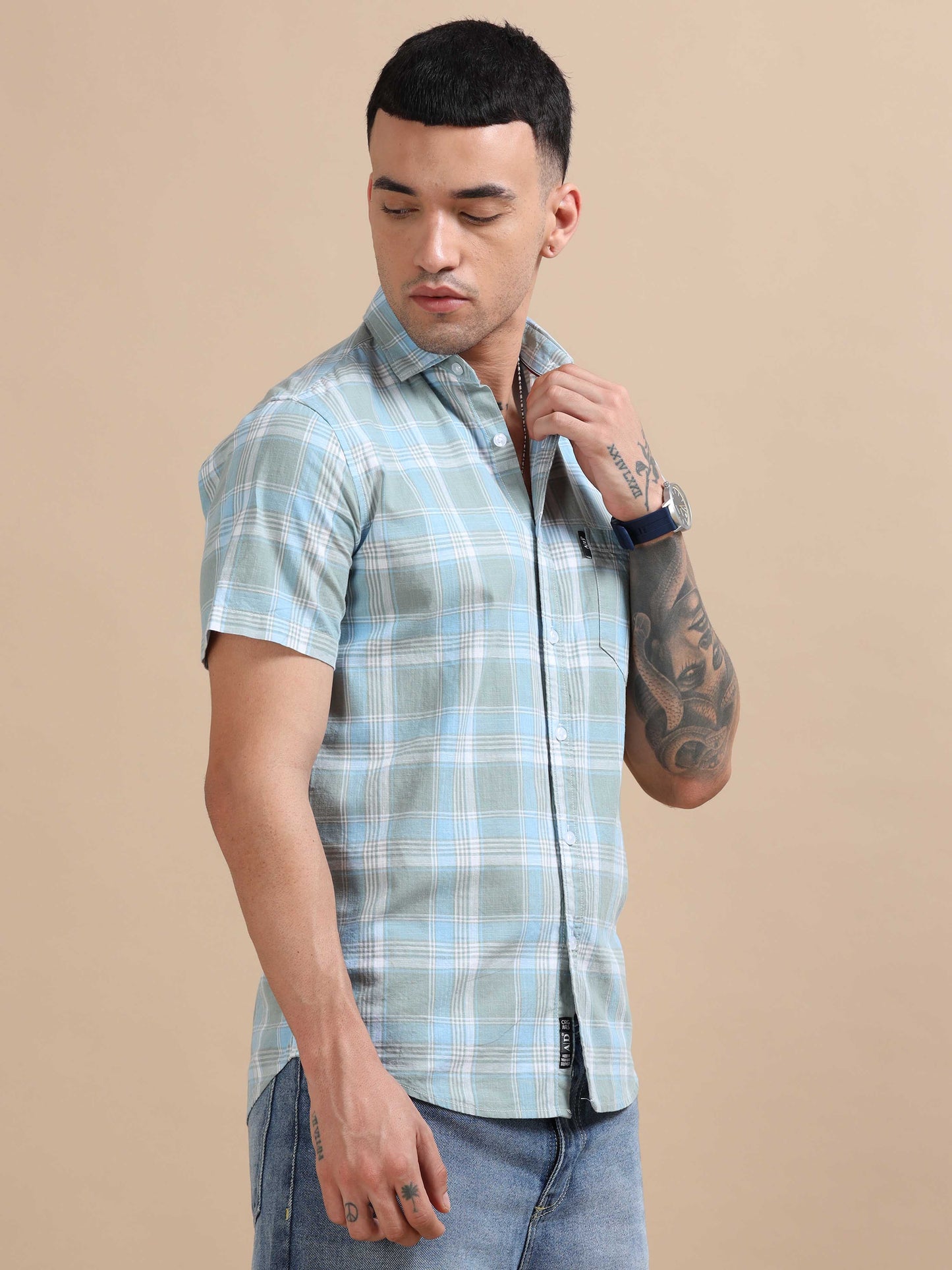 Savador Tropical Blue Linen Slub Checks Shirt