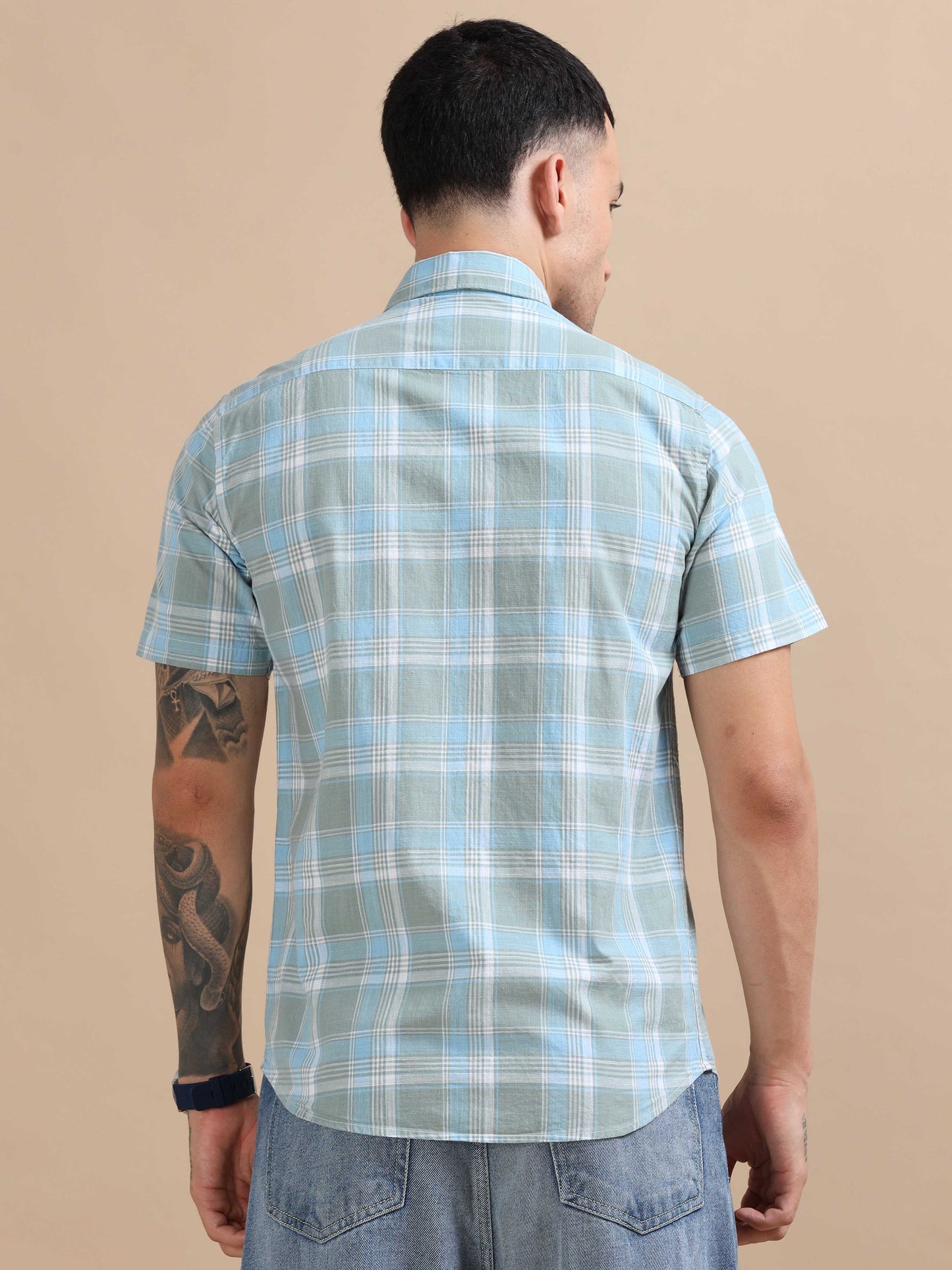 Savador Tropical Blue Linen Slub Checks Shirt