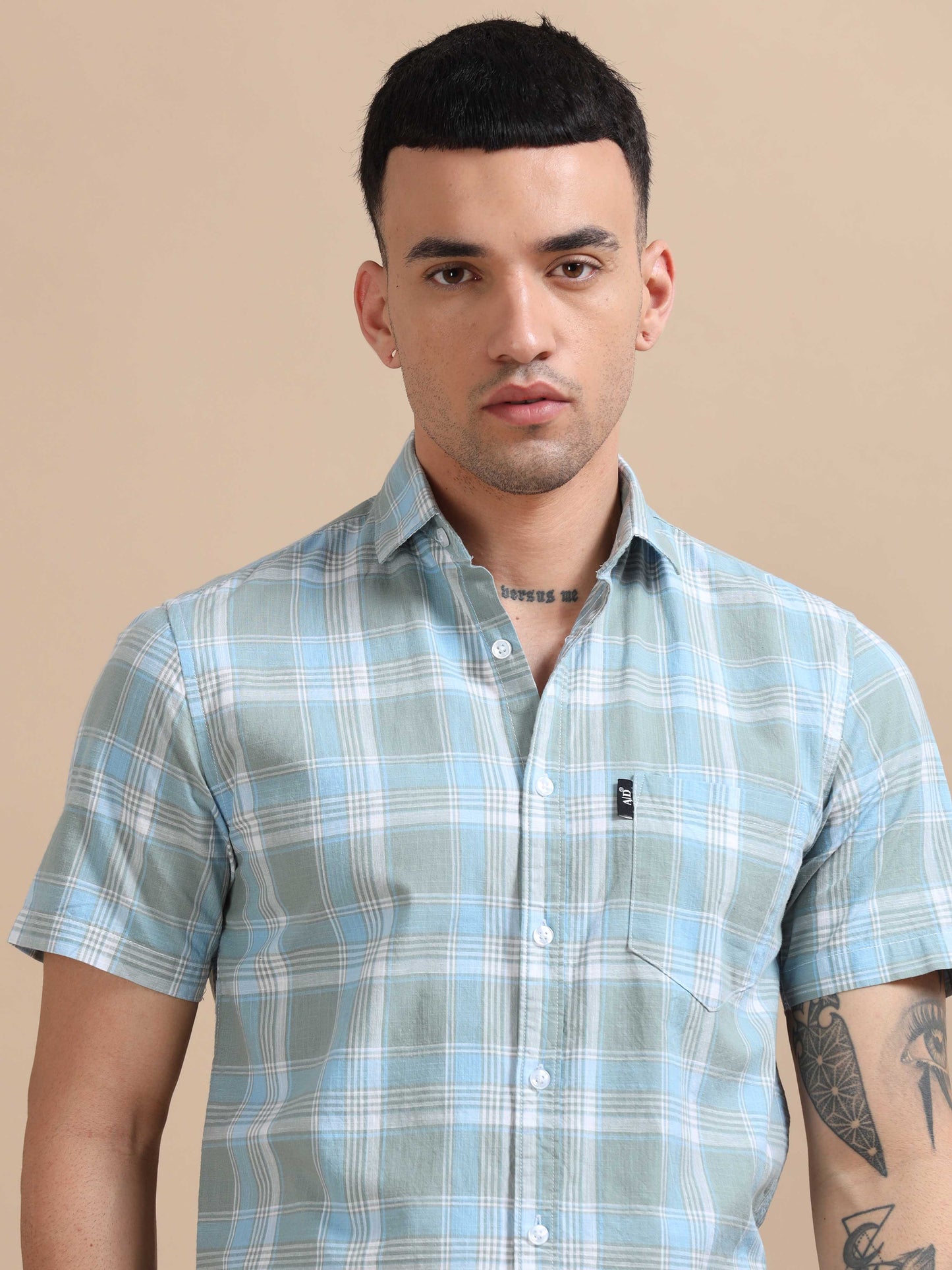 Savador Tropical Blue Linen Slub Checks Shirt