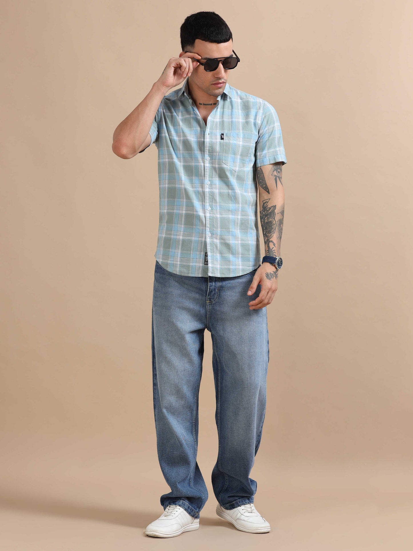 Savador Tropical Blue Linen Slub Checks Shirt