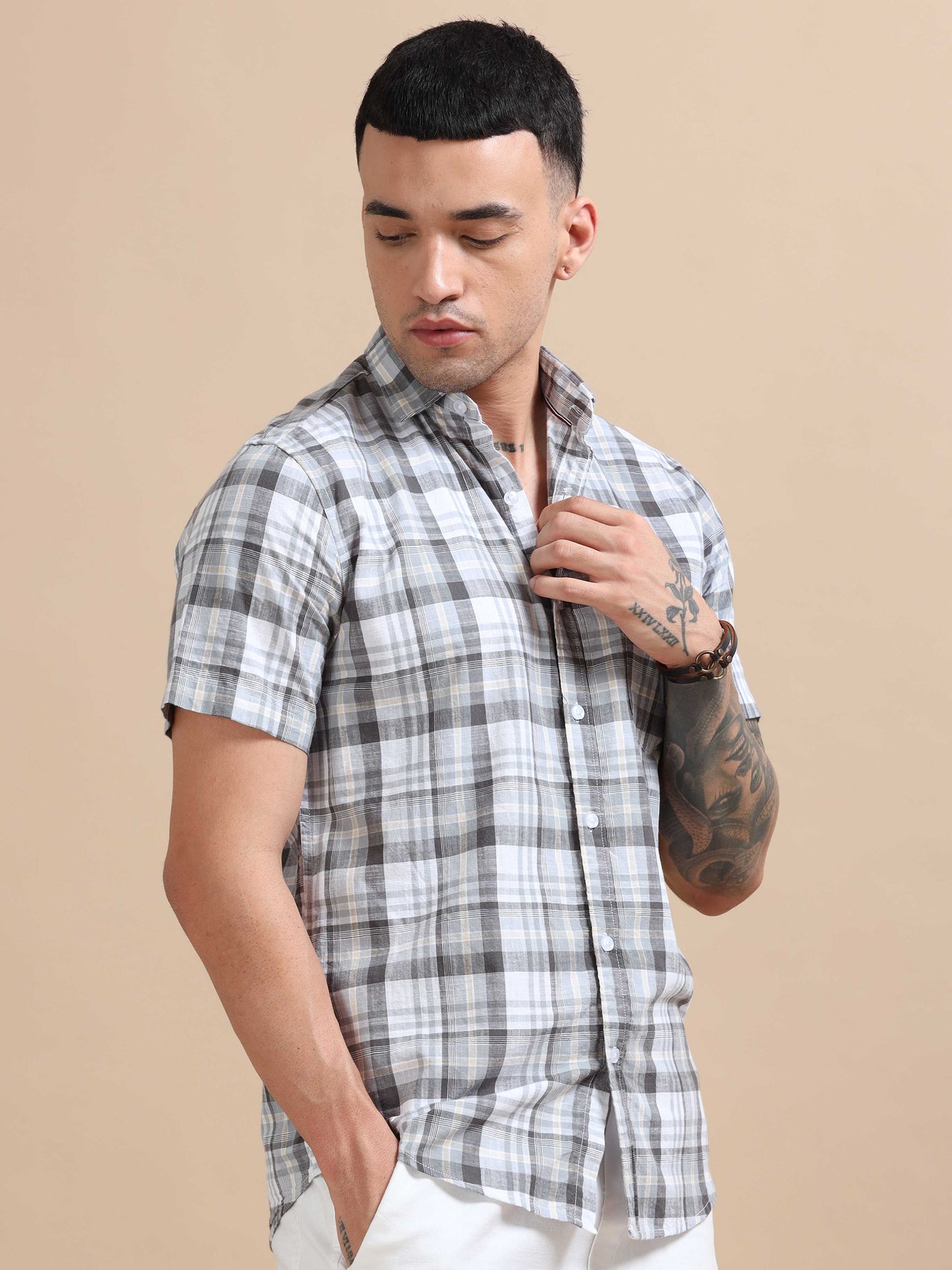 Savador Light Grey Linen Slub Checks Shirt