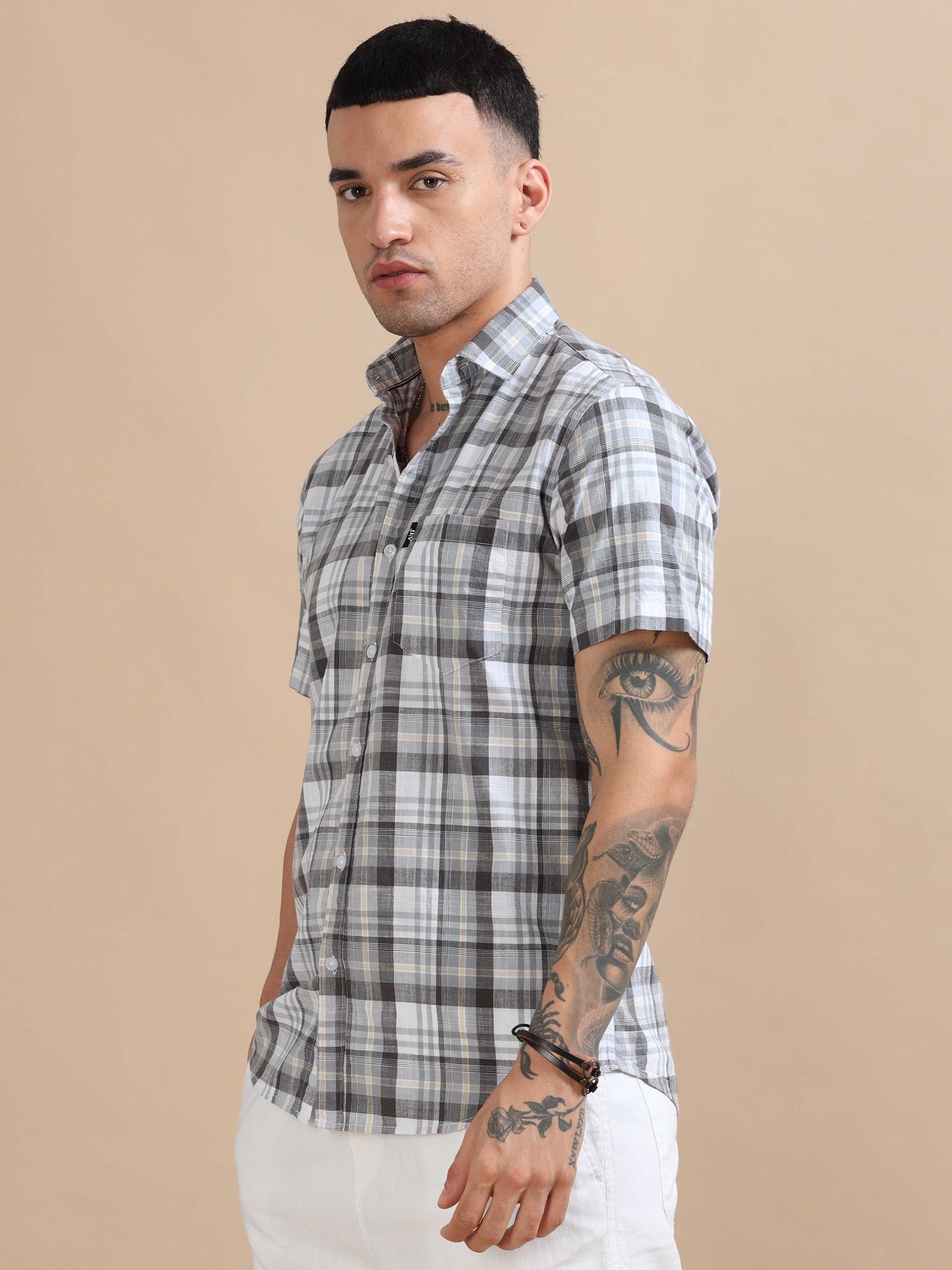 Savador Light Grey Linen Slub Checks Shirt