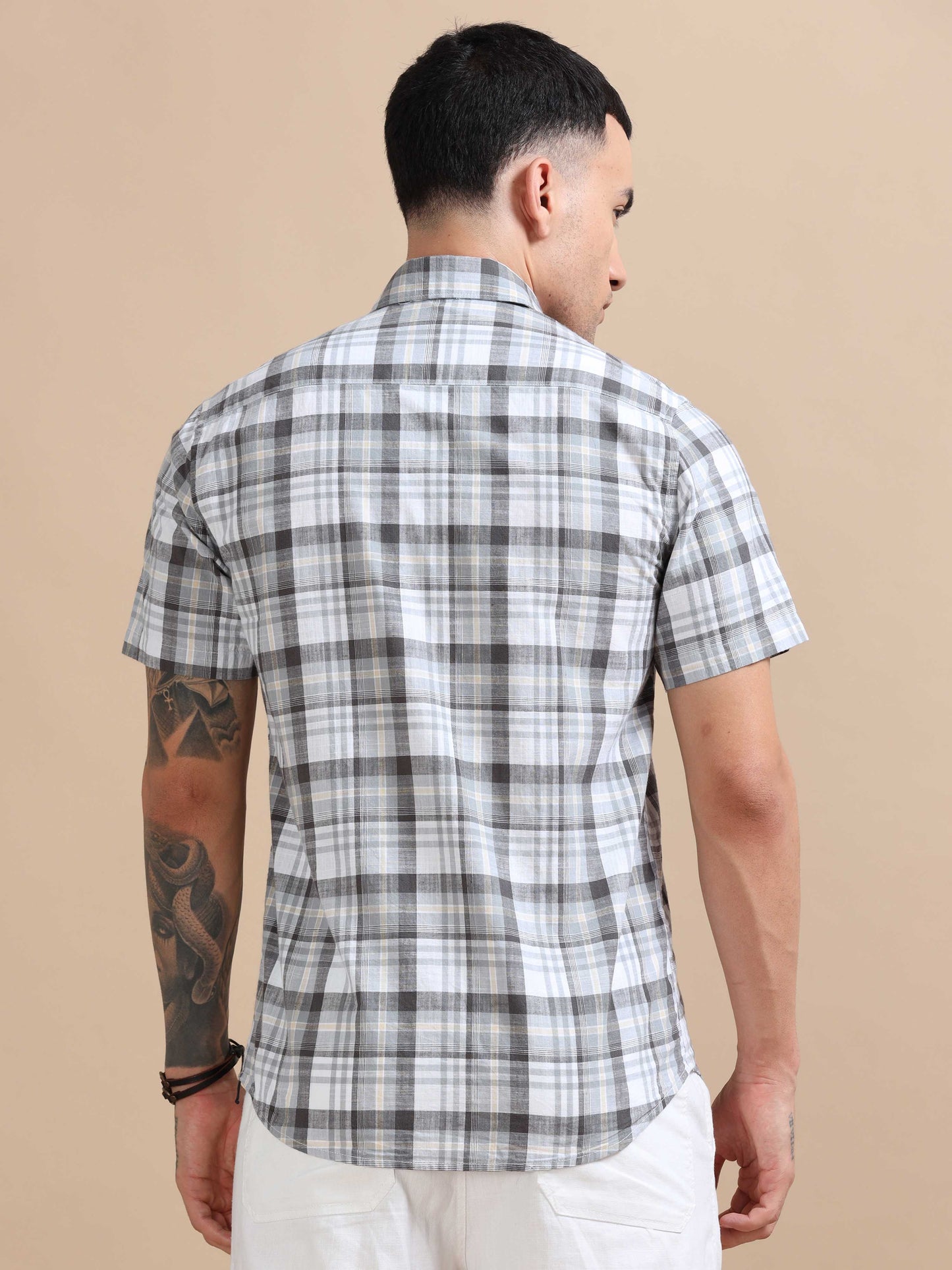 Savador Light Grey Linen Slub Checks Shirt