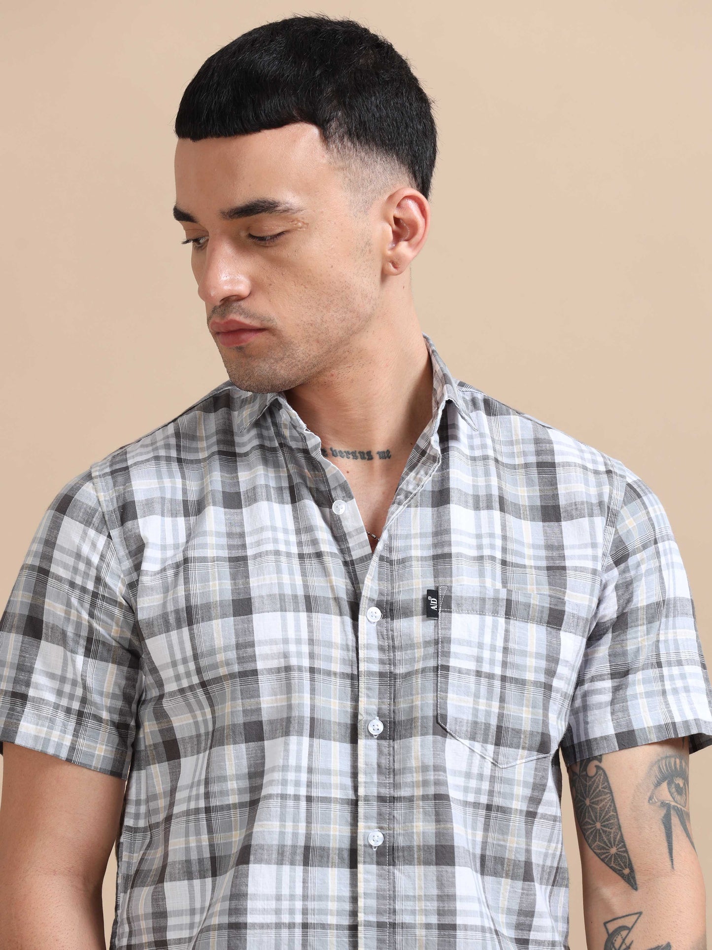 Savador Light Grey Linen Slub Checks Shirt