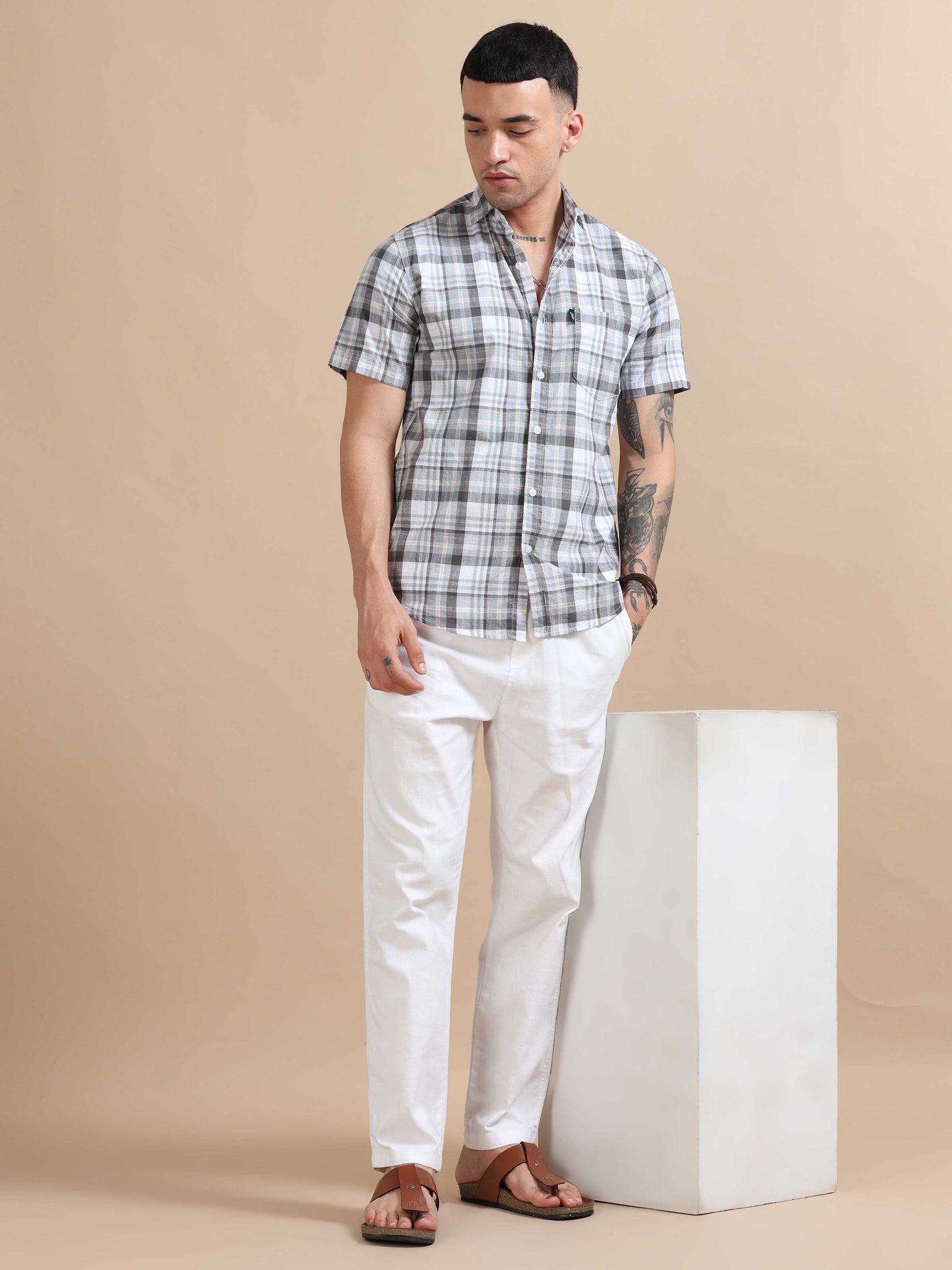 Savador Light Grey Linen Slub Checks Shirt