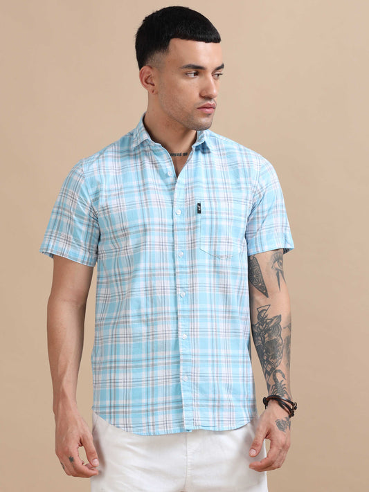 Savador Coral Blue Linen Slub Checks Shirt