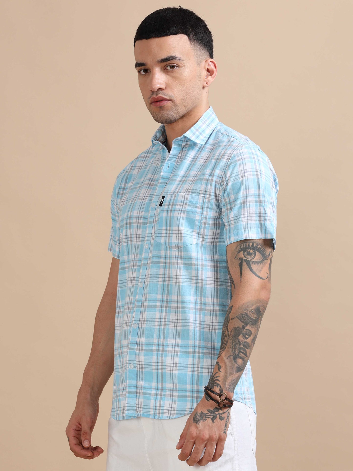 Savador Coral Blue Linen Slub Checks Shirt