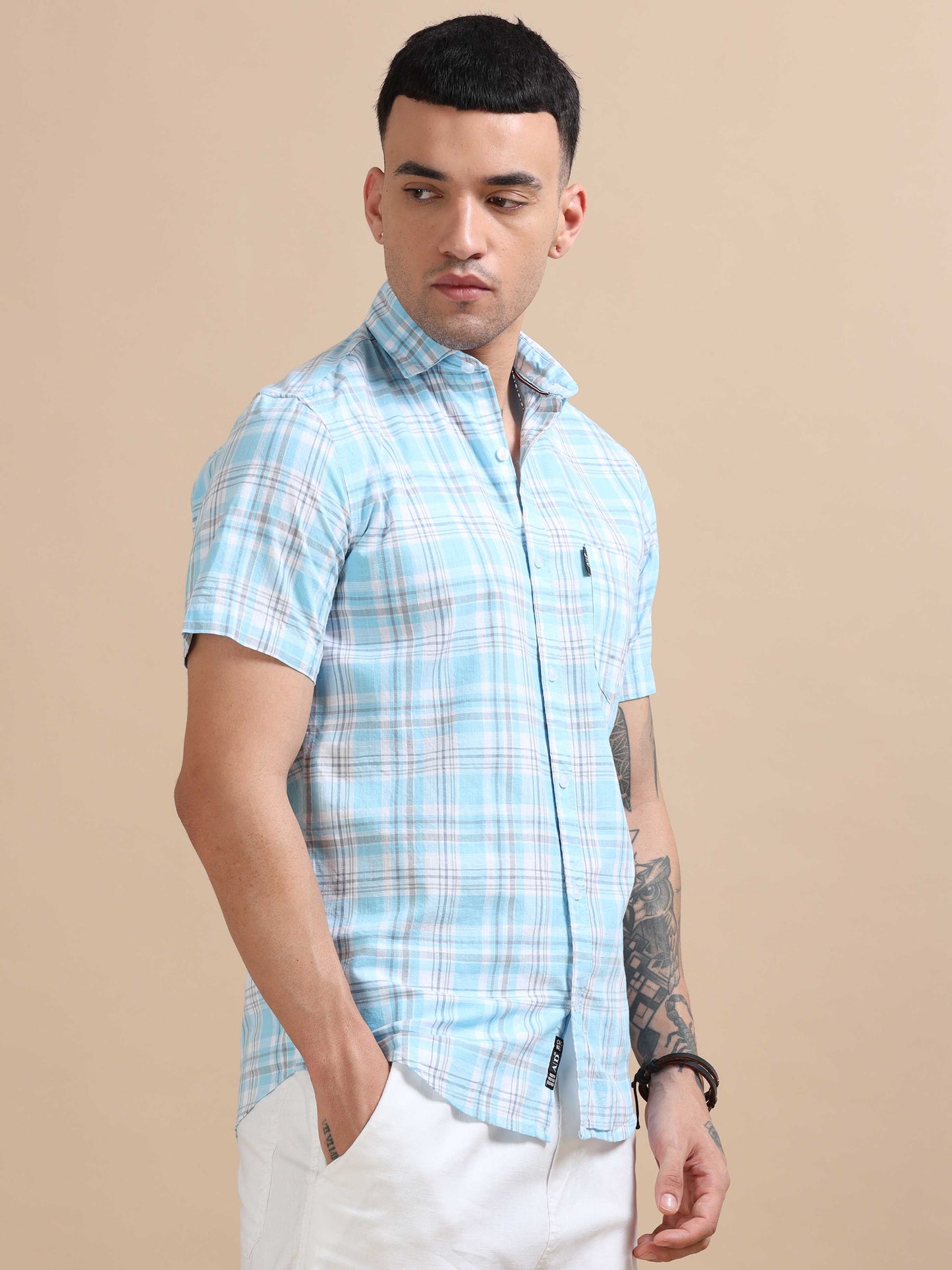 Savador Coral Blue Linen Slub Checks Shirt