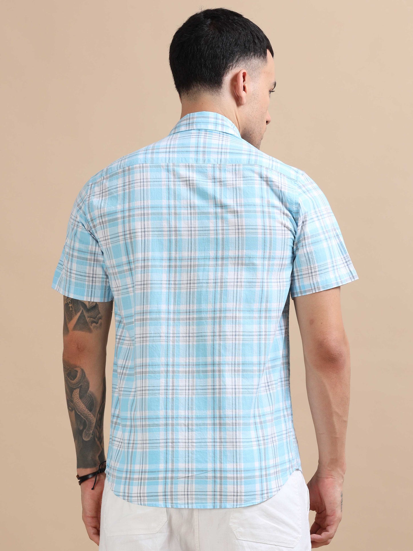 Savador Coral Blue Linen Slub Checks Shirt