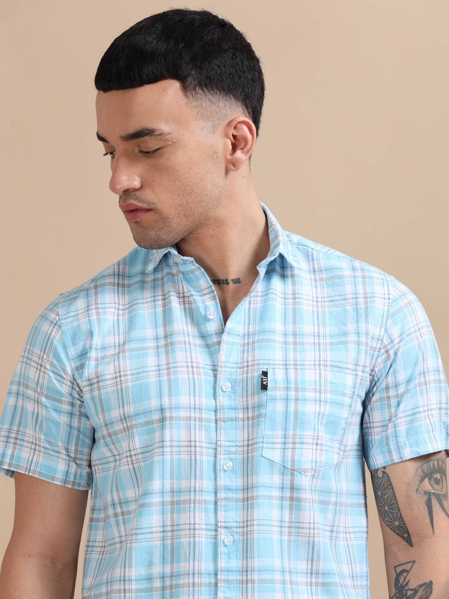 Savador Coral Blue Linen Slub Checks Shirt