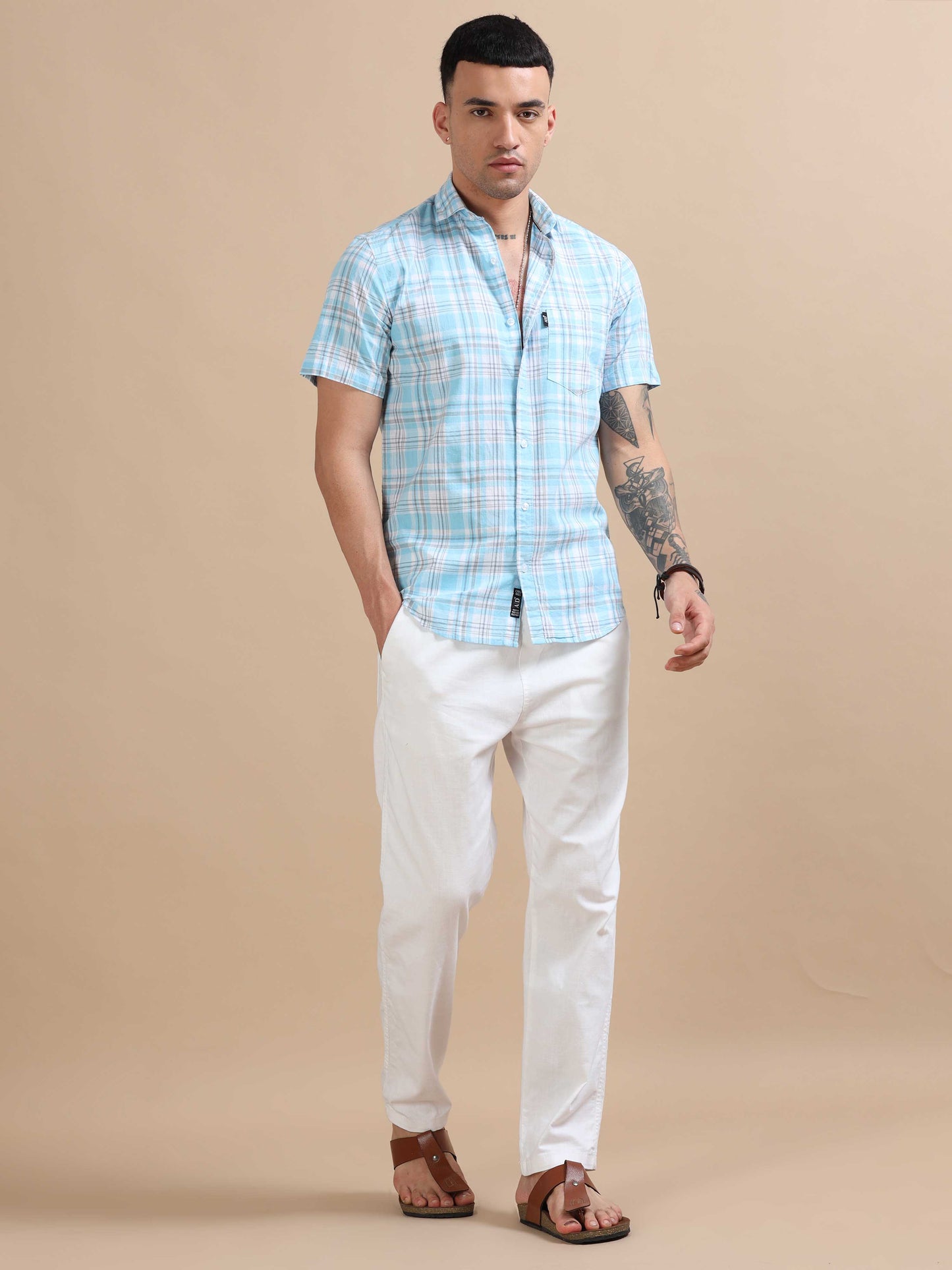 Savador Coral Blue Linen Slub Checks Shirt