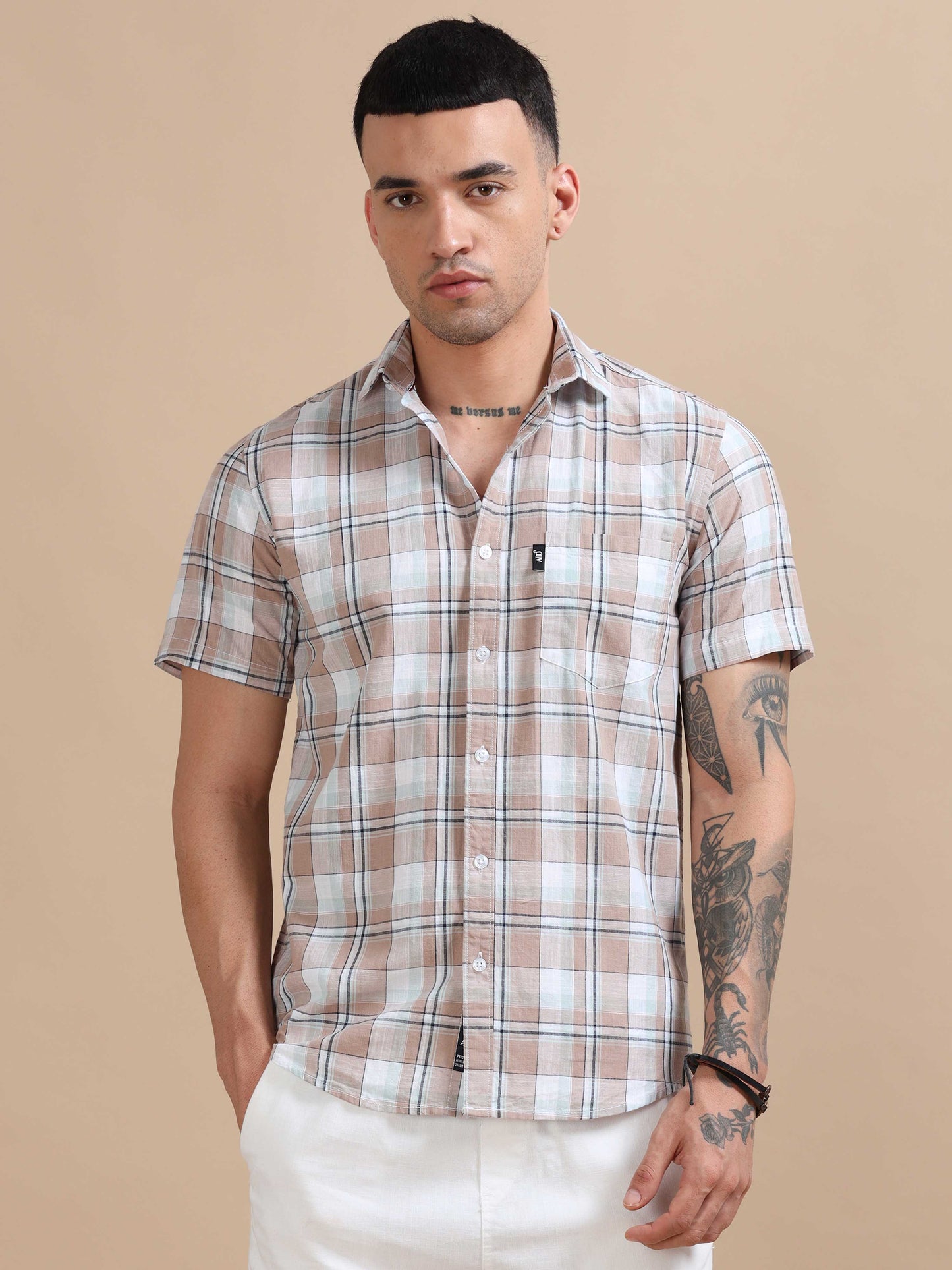 Savador Light Brown Linen Slub Checks Shirt