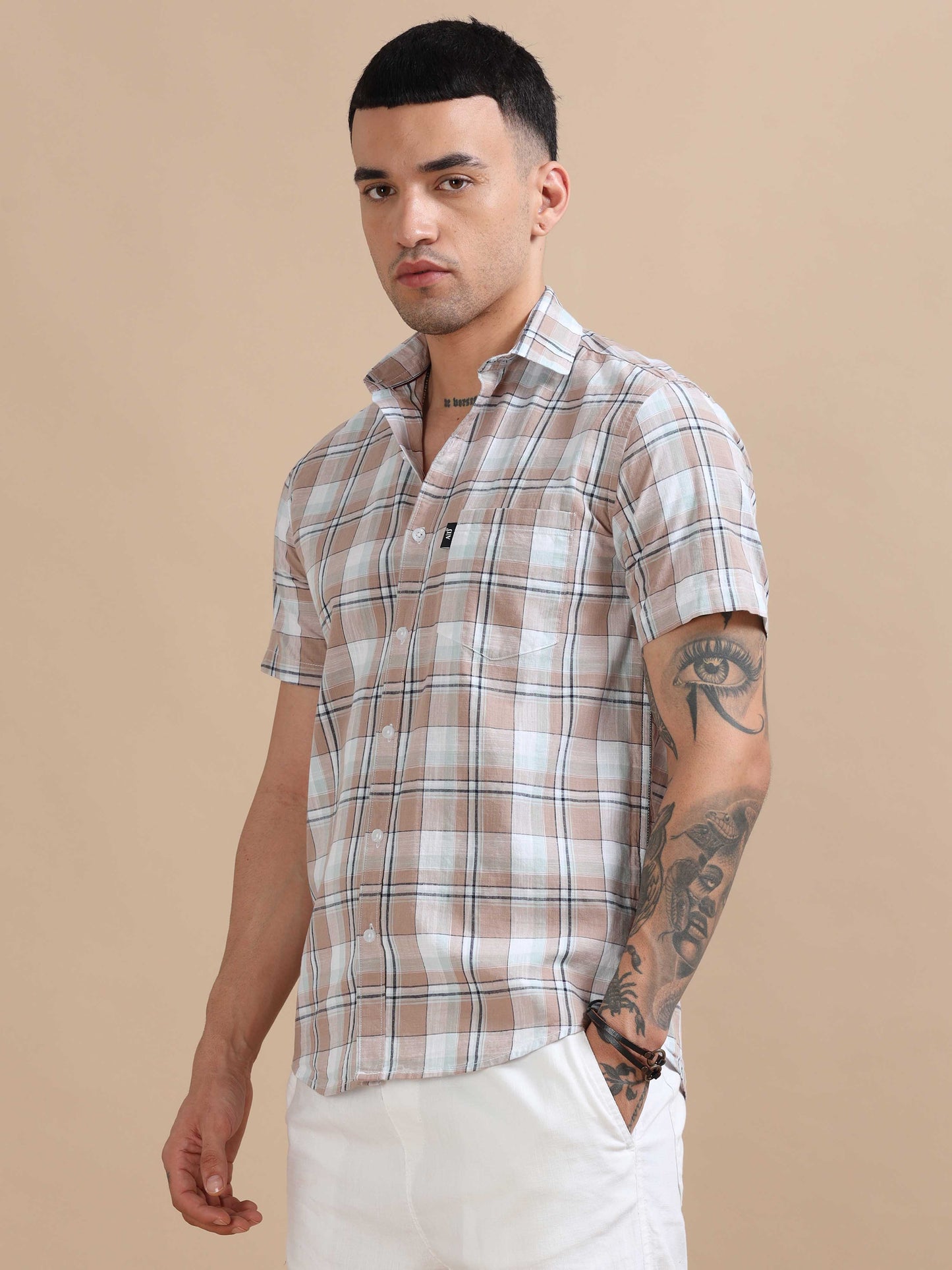 Savador Light Brown Linen Slub Checks Shirt