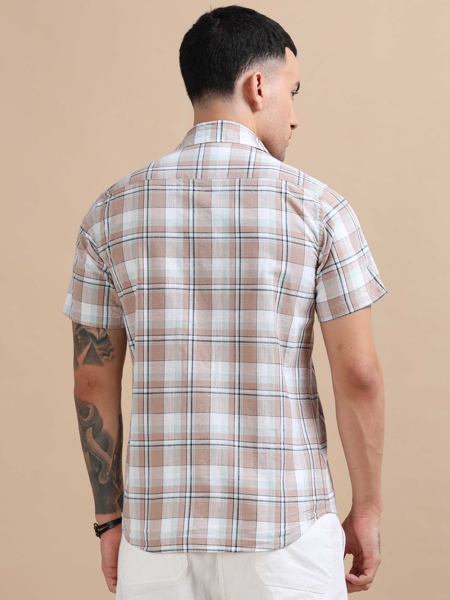 Savador Light Brown Linen Slub Checks Shirt