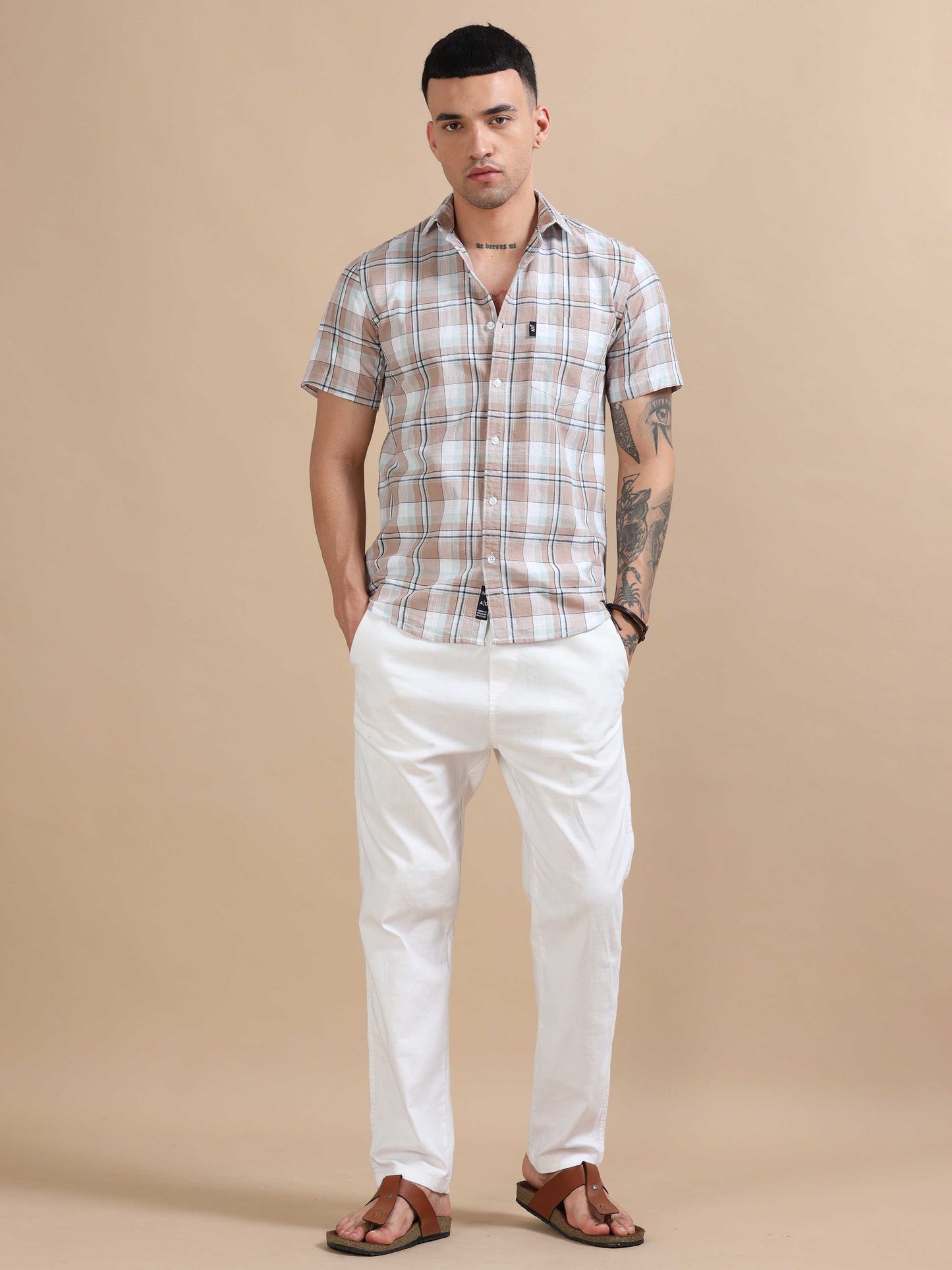 Savador Light Brown Linen Slub Checks Shirt